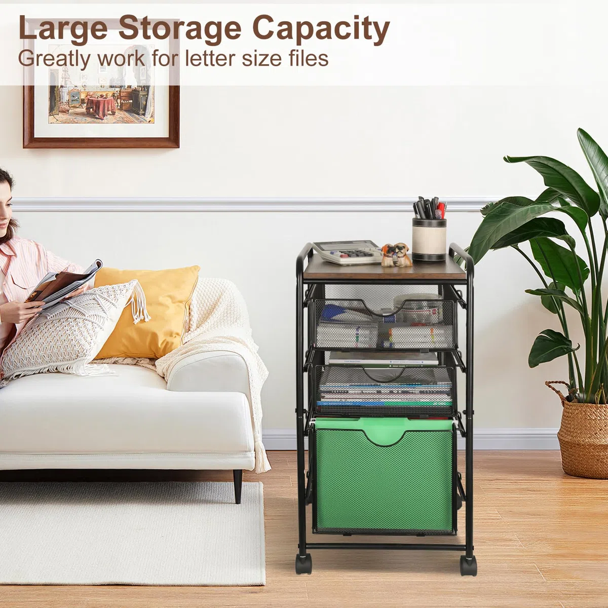EasyPAG Carrito de archivos rodante con ruedas con 2 cajones de almacenamiento extraíbles y 1 organizador de carpetas colgantes tamaño carta, color negro