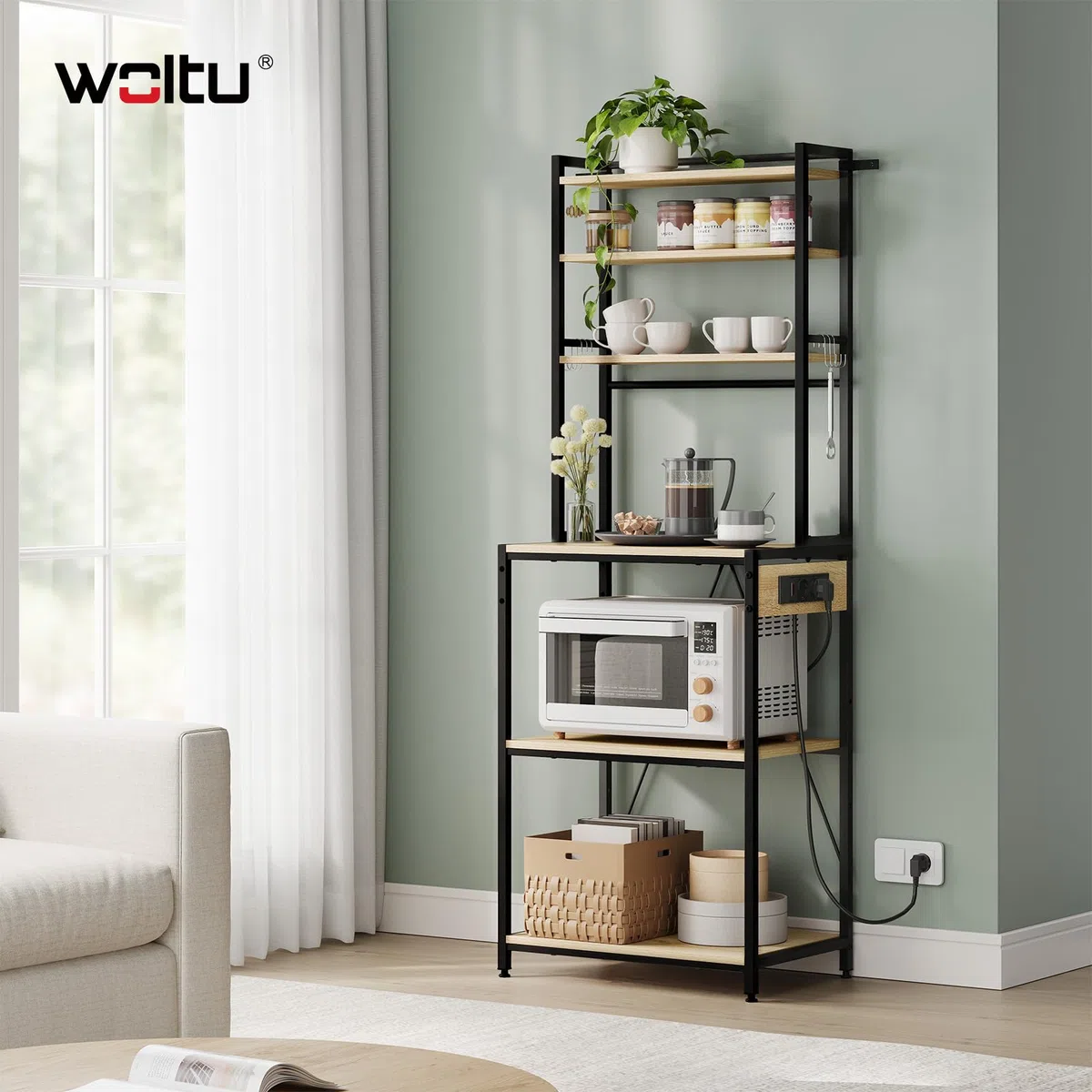 WOLTU Estantería Cocina con Enchufes, Soporte para Microondas con 6 Estantes y 6 Ganchos, Estanteria Almacenaje para Cocina Baño Salón, Metal+Madera, Negro+Roble Claro, 60x39,5x167 cm