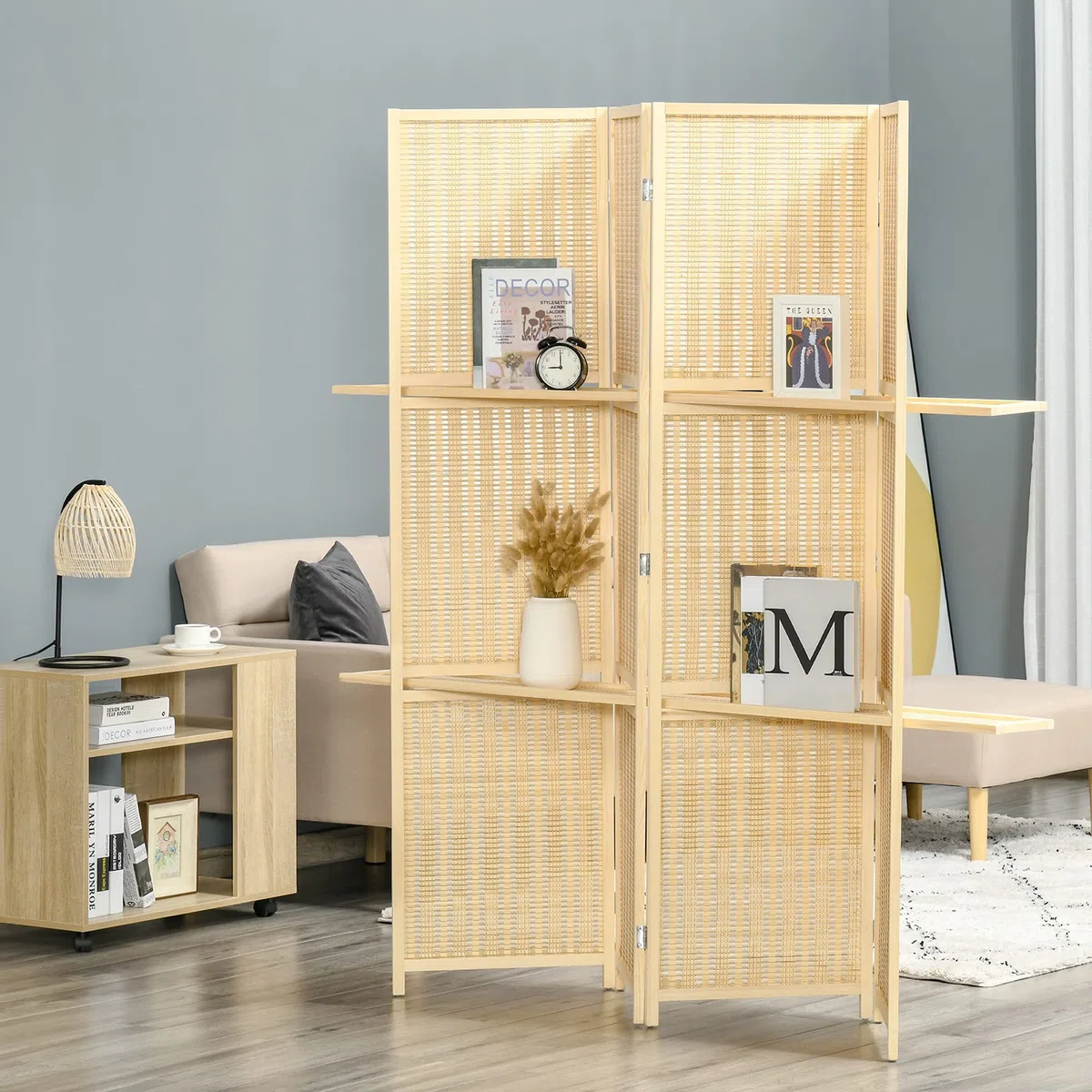 HOMCOM Biombo de 4 Piezas de Bambú Biombo Separador de Ambientes Plegable con 2 Estantes Extraíbles Divisor de Habitaciones Dormitorio 180x180 cm Natural