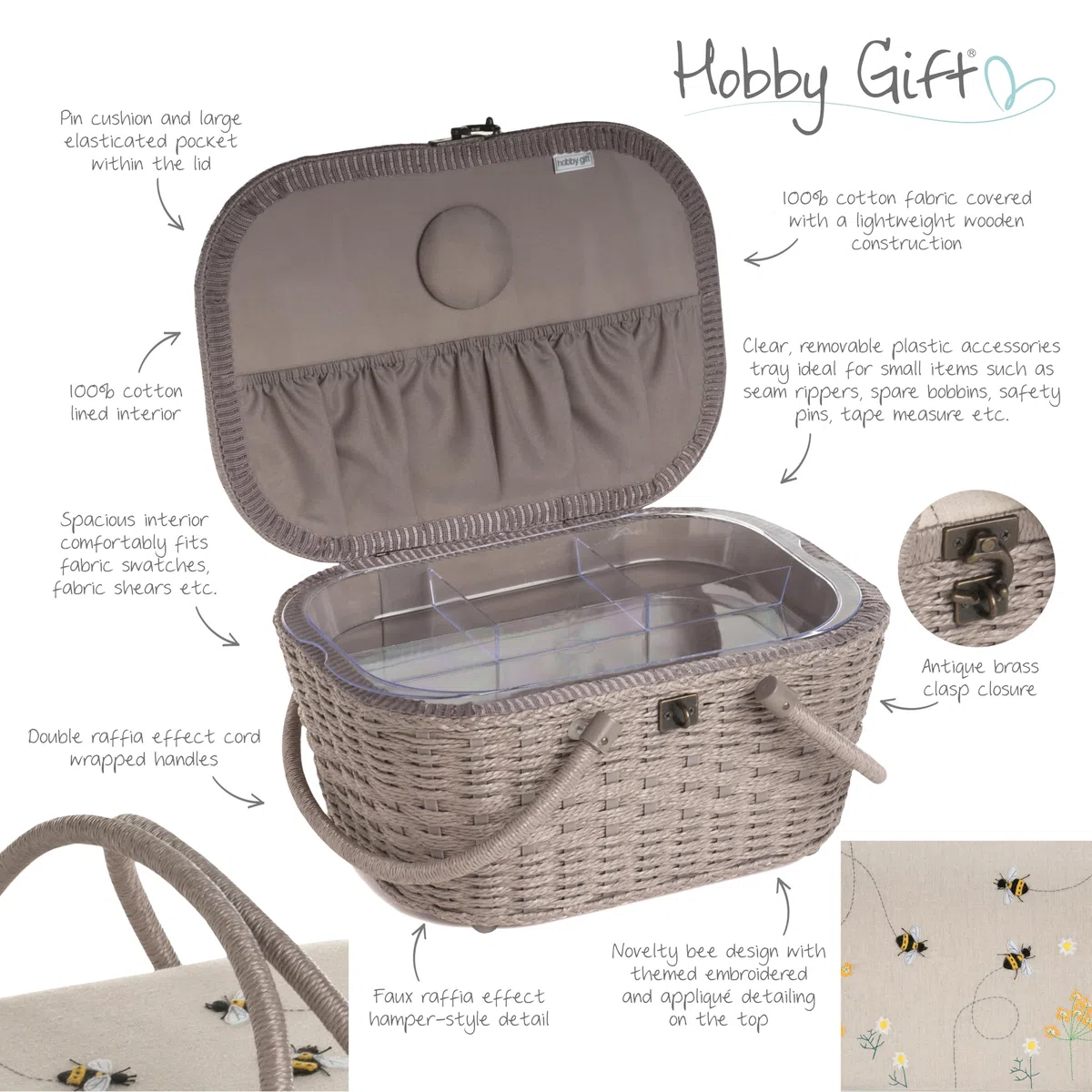 Hobby Gift Caja de costura, cesta de mimbre, aplique, abeja de lino (HGLHB)