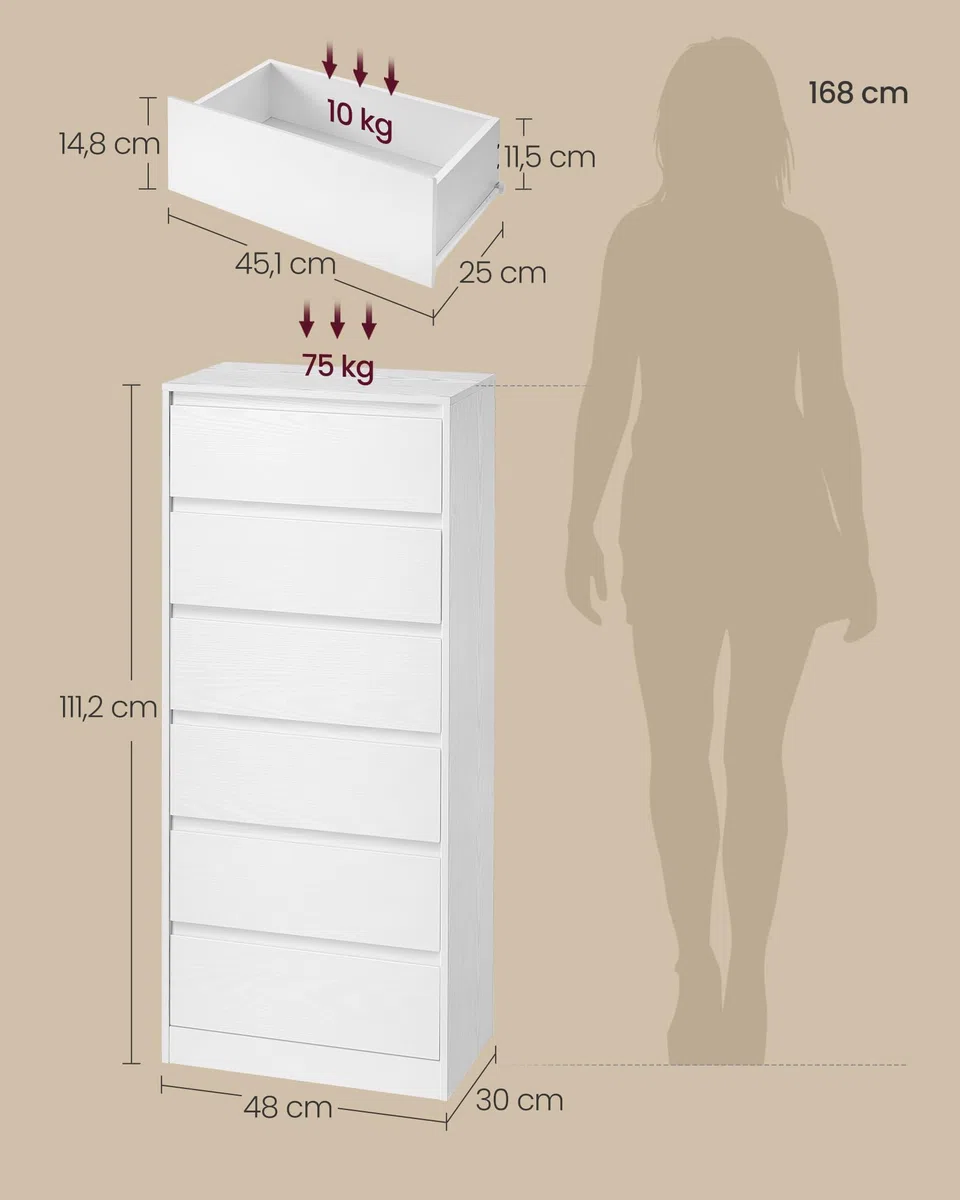 VASAGLE Colección Kailyn - Cómoda de 6 Cajones para Dormitorio, Armario de Almacenamiento, Mueble para Ropa, 30 x 48 x 111,2 cm, Estilo Moderno, Blanco Nieve LTS606WE01