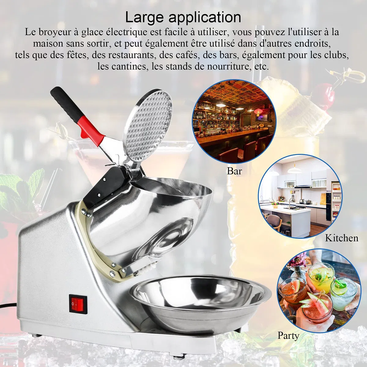 Broyeur à Glace Electrique,Machine à Glace pilée 300 W, 220 V-240 V,Snow Cone Maker Machin Volume de Glace concassée 65 kg/h,Convient à de commerce et de ménage(plata)