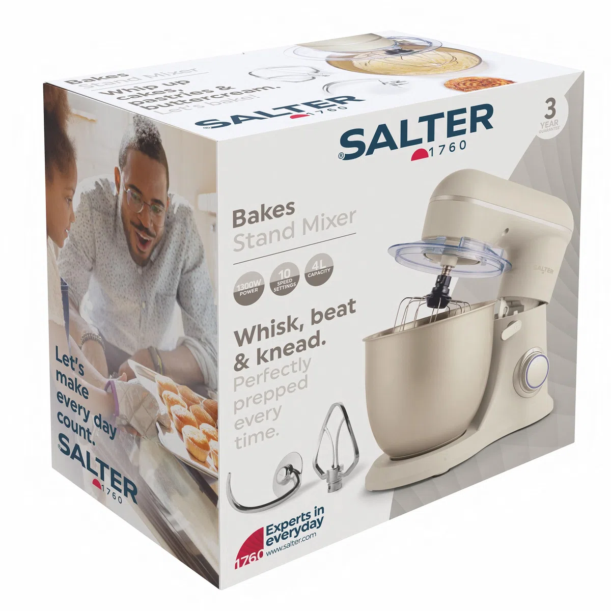 Salter EK5511SBOVDE Mezclador de pie eléctrico - 4 litros de capacidad, 10 velocidades con función de pulso, selector de velocidad variable, batidor, gancho para masa y accesorios, 1300W de potencia
