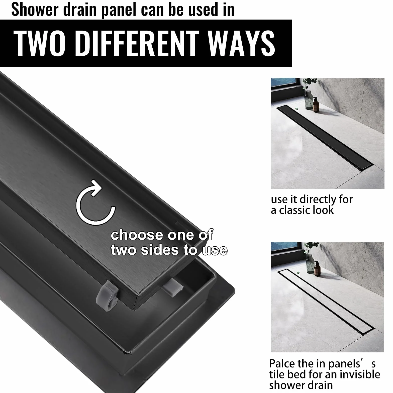 Canaleta Ducha 70cm, Negro 2 en 1 Sumidero Ducha con 360° Sifón Dispositivo Desodorante y Filtro de Pelo