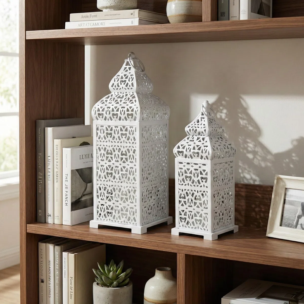 Candelabros Decorativos con lámpara marroquí de Templo Grande para Decoraciones de Ramadán, para Colgar, Patio o Porche al Aire Libre, decoración Interior del hogar, Bodas, Blanco, Juego de 2
