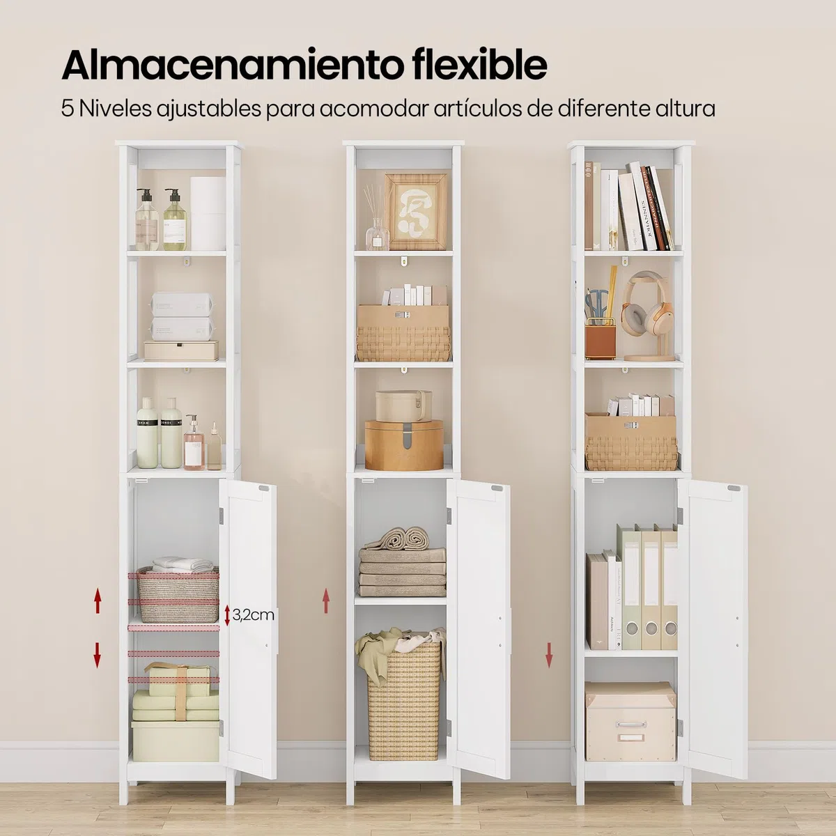 EUGAD Mueble de Baño, Armario Columna con Estantes Abiertos, Estanteria de Almacenaje, 30x30x163 cm, Mueble Auxiliar Estrecho para Baño, Sala de Estar, Estudio y Oficina, Blanco, 002WDG