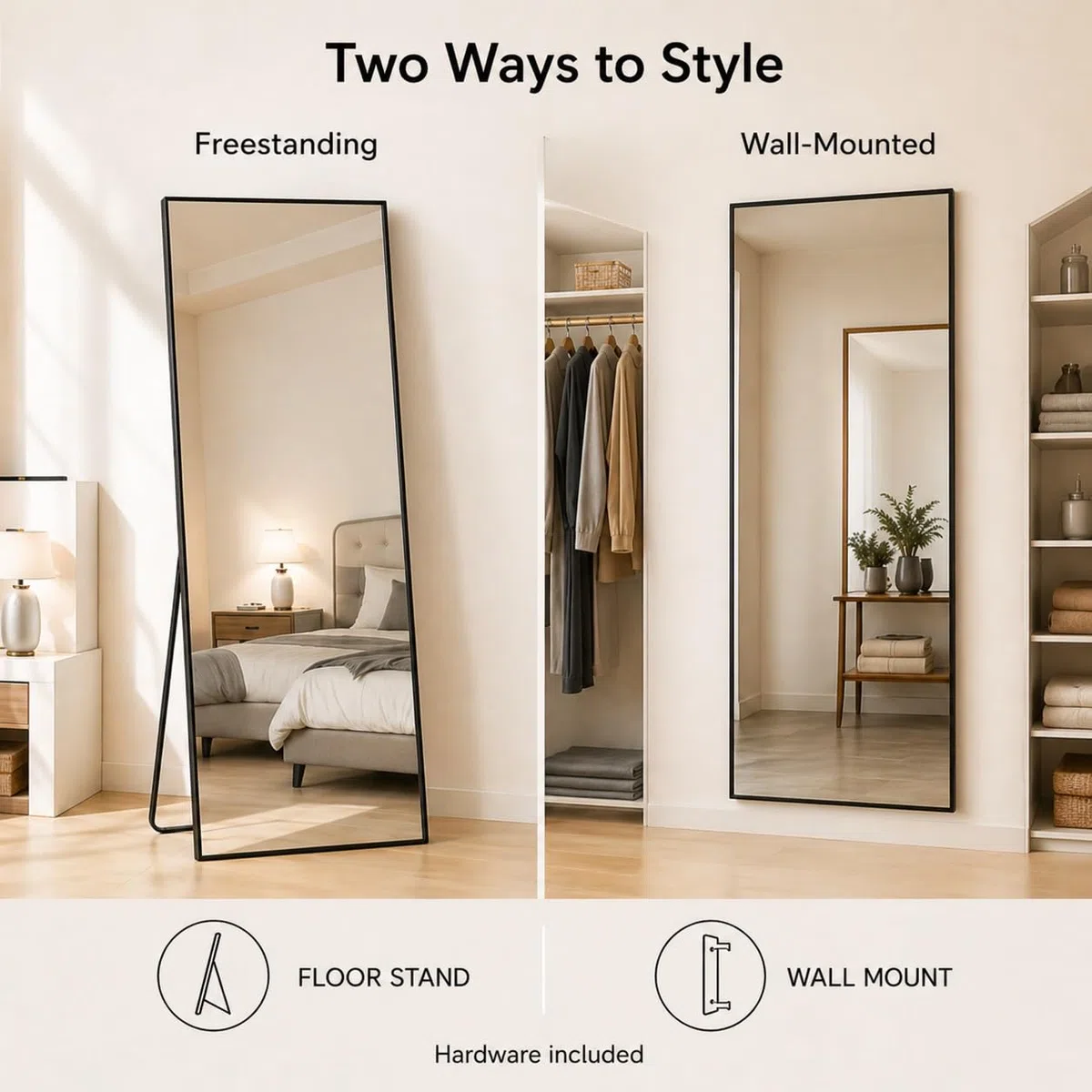 Espejo de Pie Moderno 52x161 cm | Espejo de Cuerpo Entero Resistente con Marco de Aluminio Estrecho | para Salón, Dormitorio y Vestidor | Función Doble: De Pie o Colgante