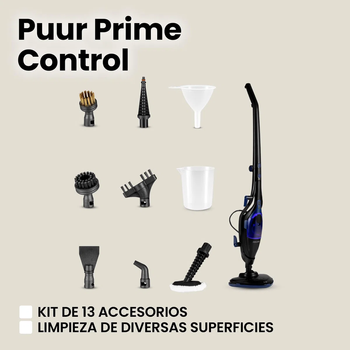 ZEEGMA Puur Prime Control – Mopa de Vapor 2 en 1 con 13 Accesorios, 1500 W, Depósito Extraíble 400 ml, Calentamiento 20 s, 3 Niveles de Vapor, Cabezal Giratorio, Cable 7 m – Limpieza sin Químicos