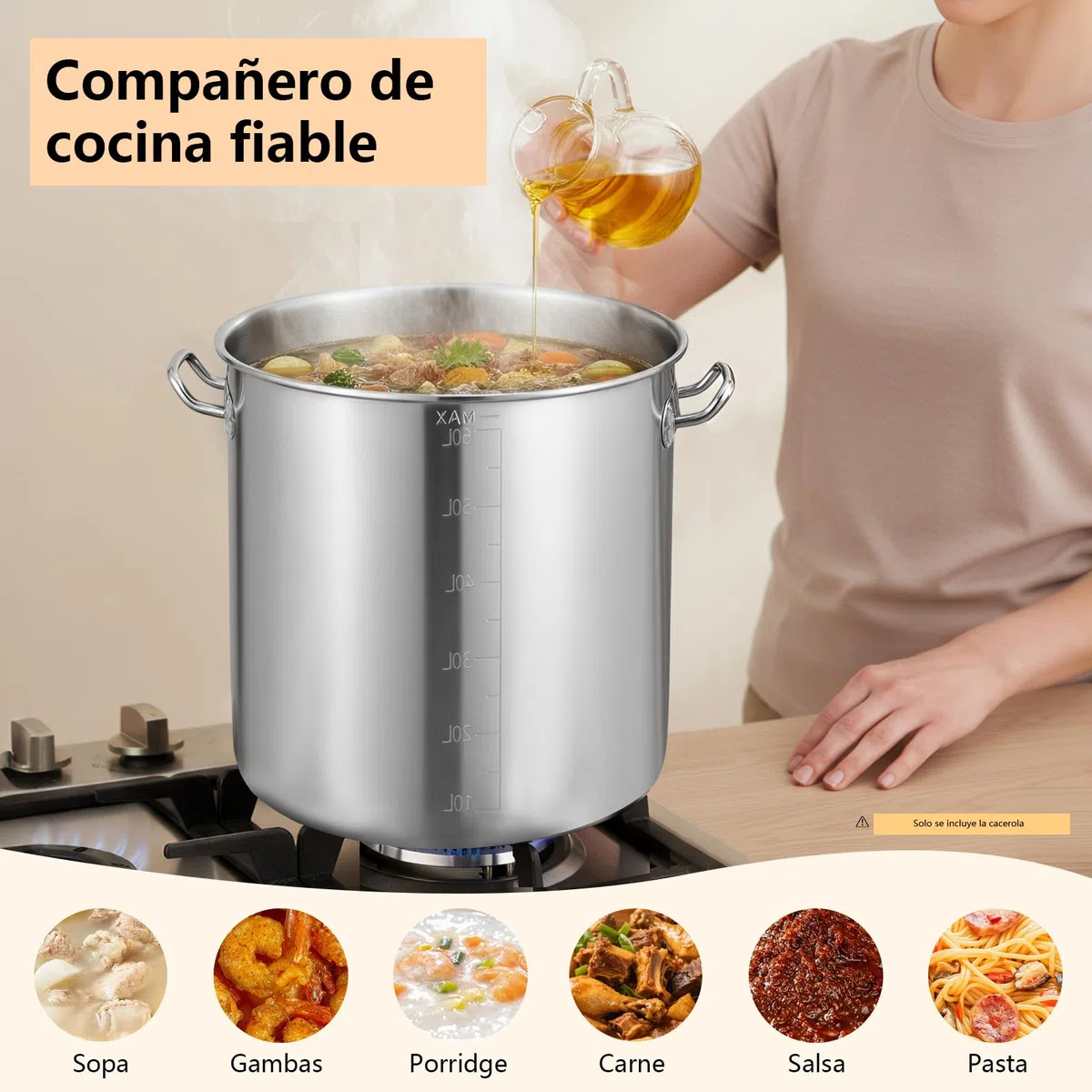 Olla grande de acero inoxidable de 70 L, con asas, diámetro de 45 cm, altura: 45 cm, tapa de fregadero, superficie pulida, olla grande de acero inoxidable para cocinas de gas, cocinas