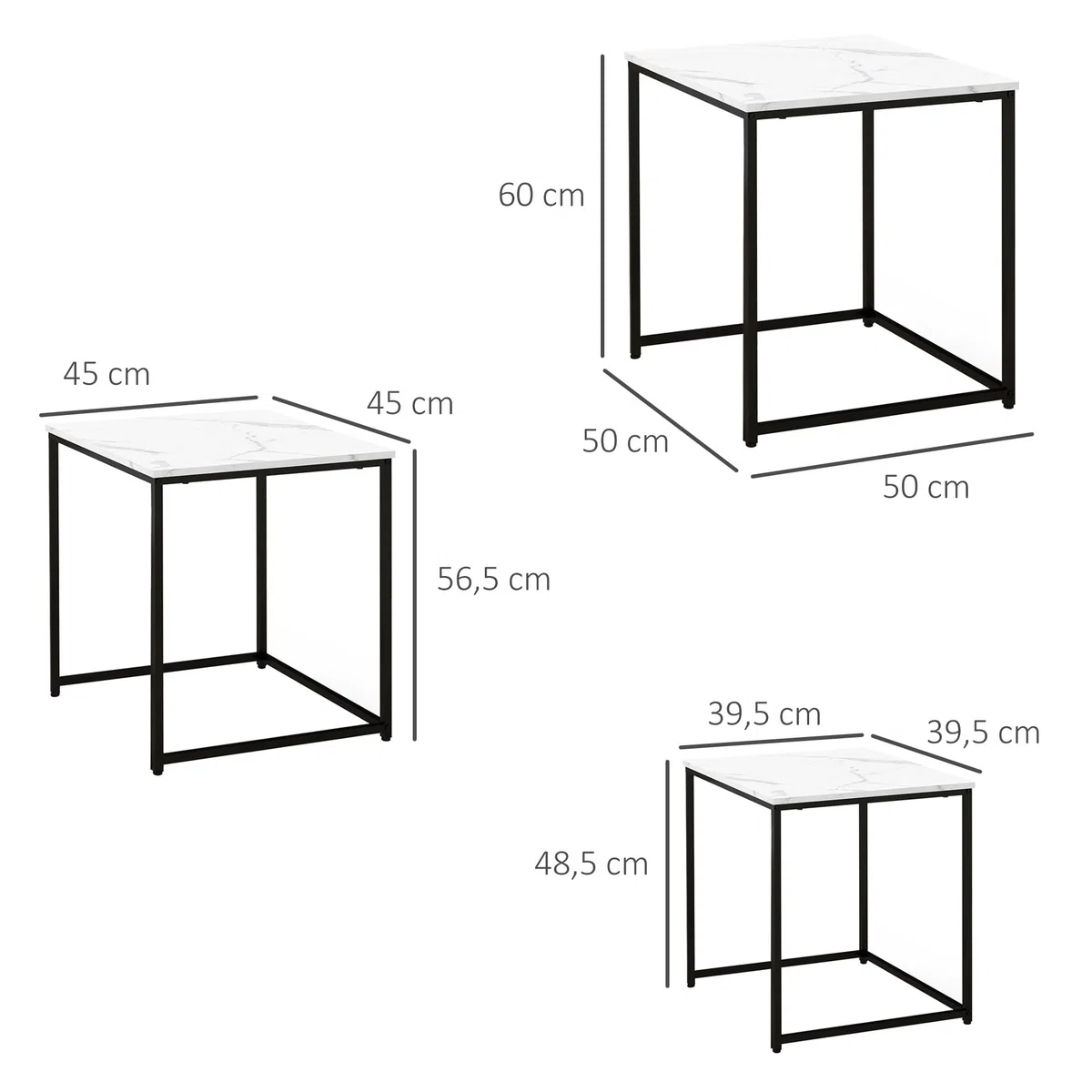 HOMCOM Juego de 3 Mesas Auxiliares para Salón, Mesas Nido con Efecto Mármol y Marco de Acero, Estilo Moderno, para Sala de Estar, Dormitorio, Blanco