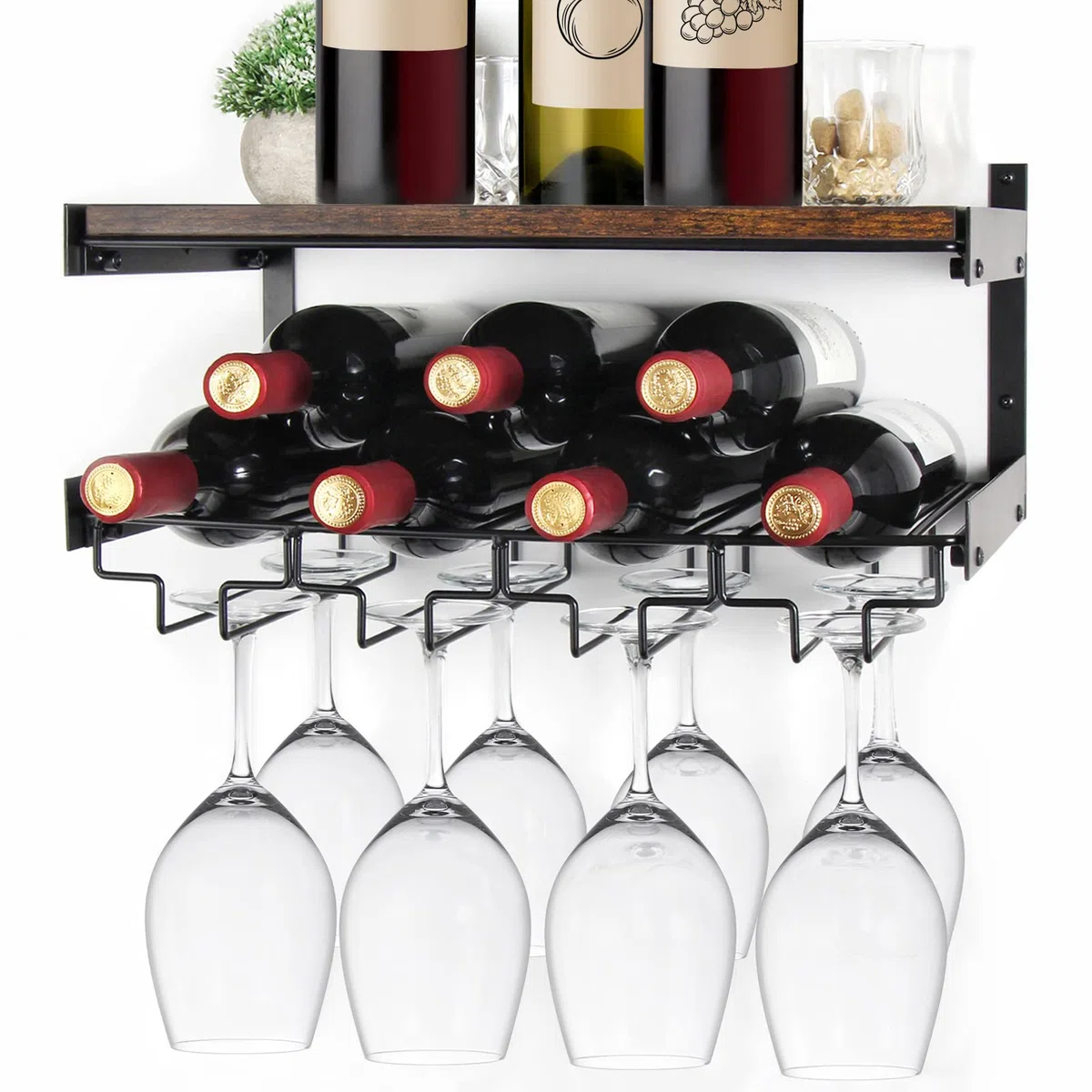 B4Life Estante para Vino montado en la Pared con Estante para Copas, Estante para Copas de Vino montado en la Pared, Estante Industrial para Copas de Vino con Soporte para Copas de Vino