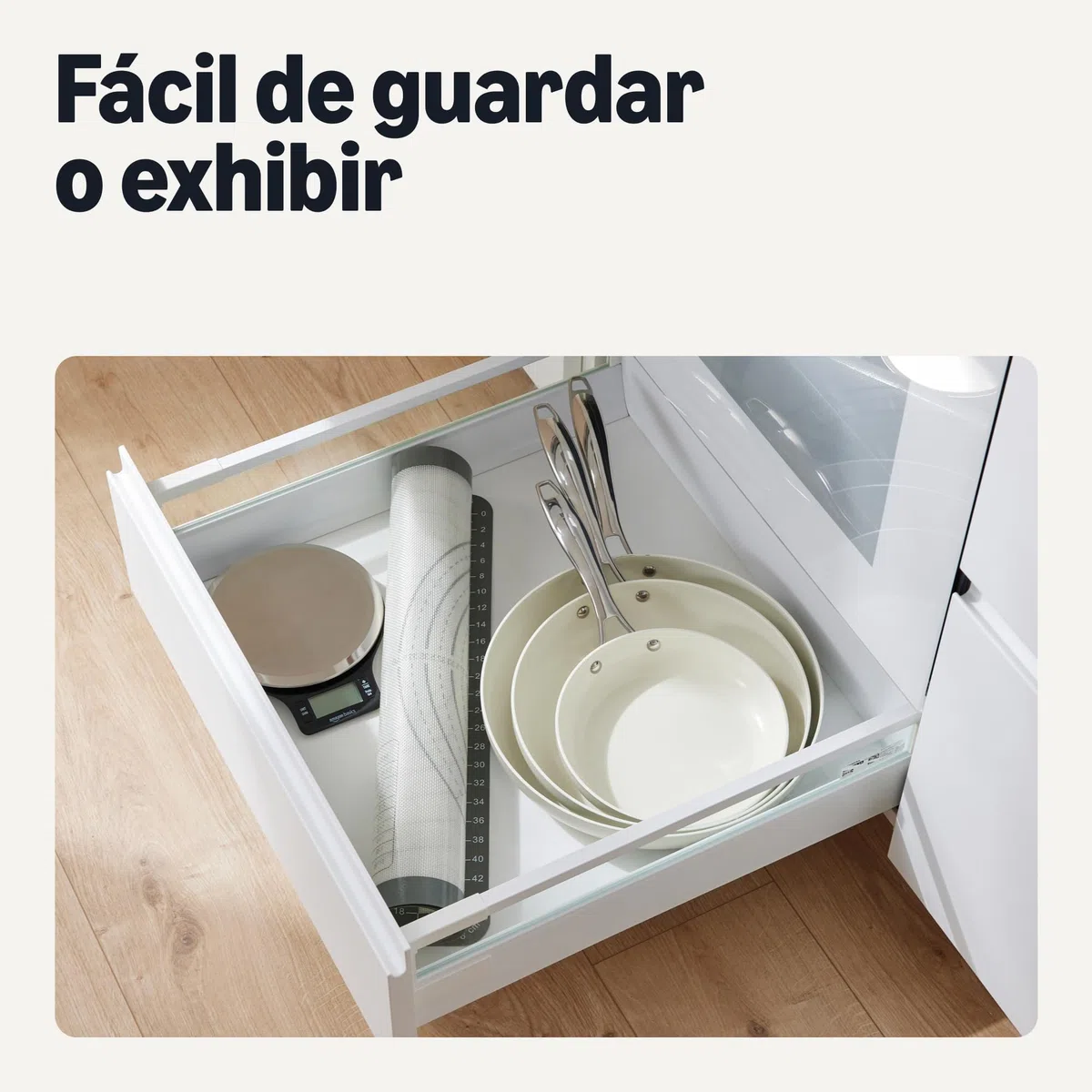 Amazon Basics Batería de Cocina Antiadherente de Cerámica, Juego de 3 Sartenes, Compatibles con Todo Tipo de Fuegos, Aptas para Lavavajillas, Marfil