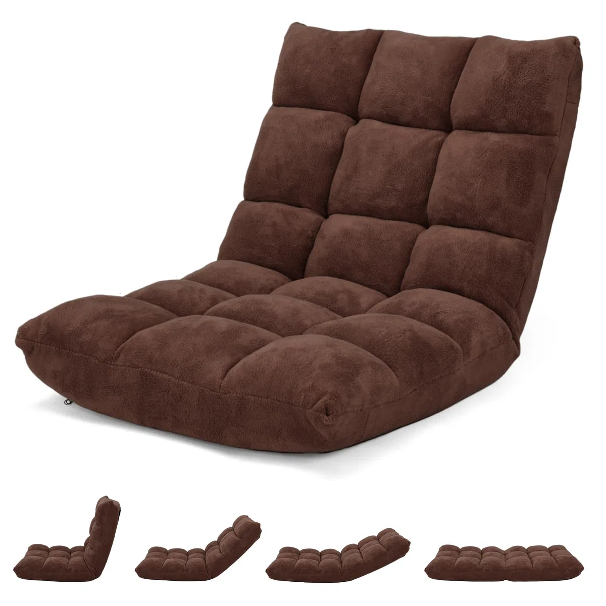HOMASIS Silla de Suelo con Respaldo Ajustable en 14 ángulos, Silla Plegable de Pana, sillón tapizado para Leer, meditar, cojín de Suelo, 15 cm de Grosor (Café)