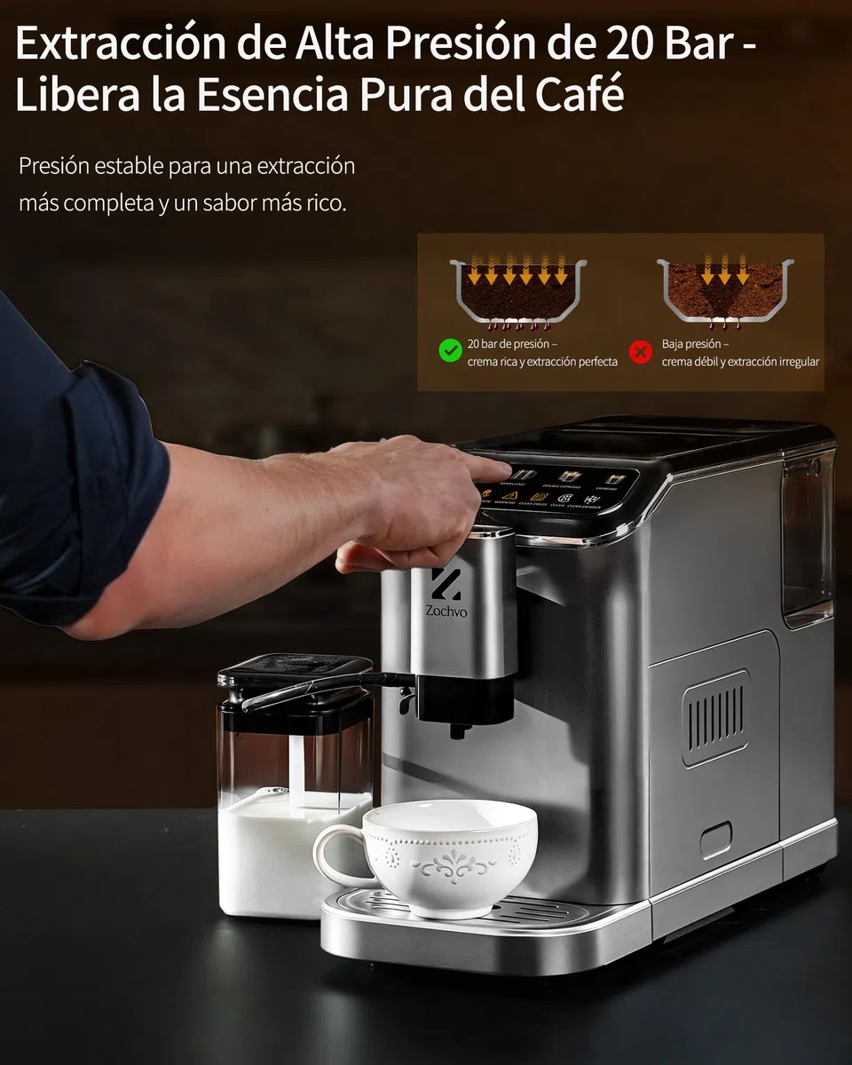 Cafetera Superautomática con Sistema de Leche–20 Bares, 7 Bebidas, 15 Niveles de Molido, Depósito de Agua de 1,5L, Doble Caldera, Control PID, Limpieza Automática,Pantalla Táctil，Café con Leche