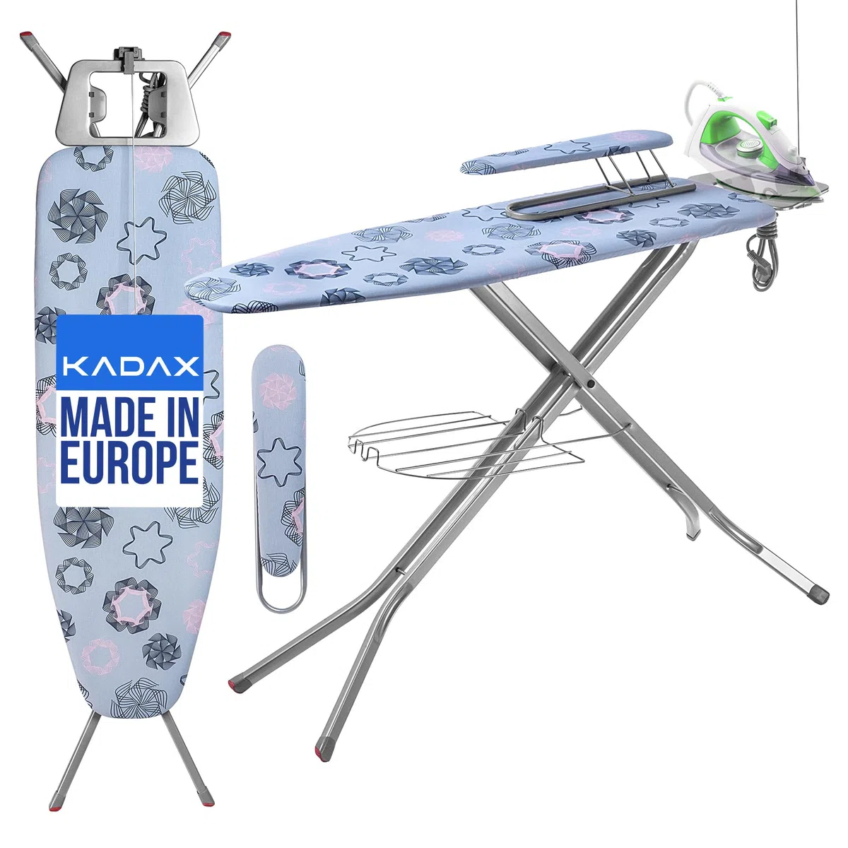 KADAX Tabla de Planchar de Acero con Funda de Algodón, Enchufe, Altura Regulable, Estante para Ropa y Soporte para Plancha, Mesa Plegable (Azul)