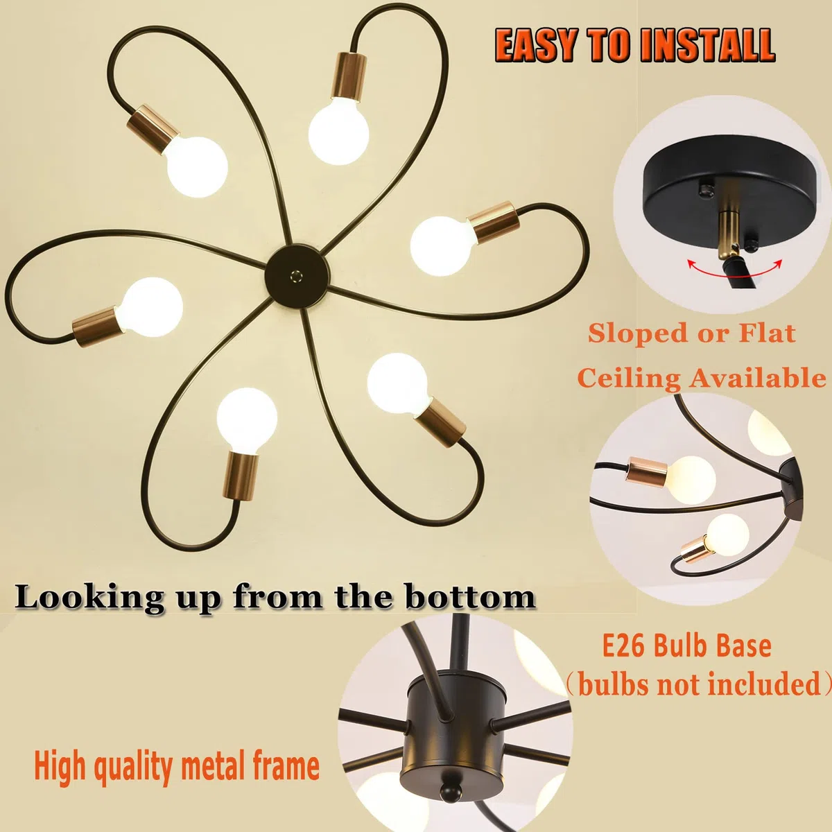 Qcyuui Lámpara de araña Sputnik de 6 luces, lámpara de techo moderna, lámpara colgante de metal de 60 vatios, candelabro de altura ajustable para cocina, comedor, sala de estar, dormitorio, negro
