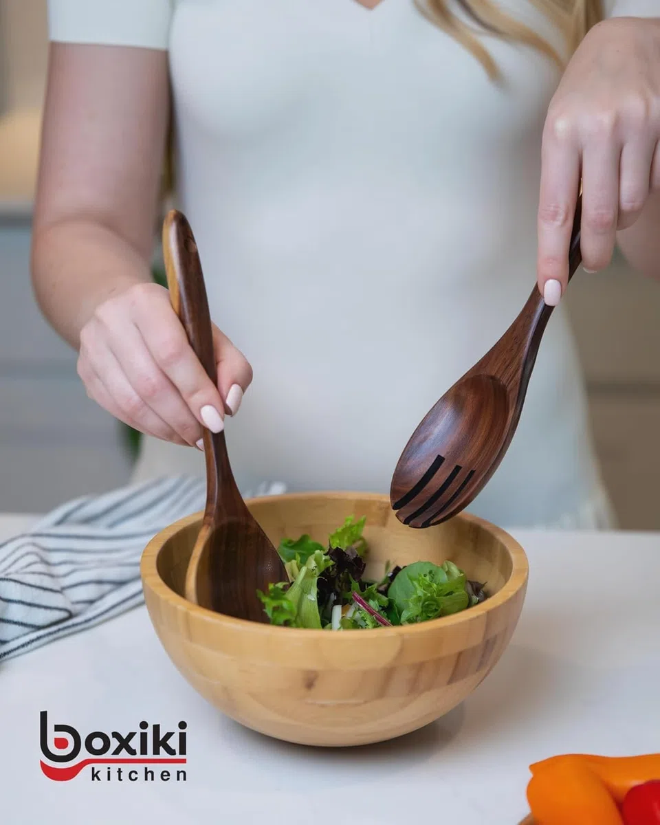 Boxiki Kitchen - 6 Cucharas de Madera para Cocinar - Set Duradero con Acabado Suave de Madera de Teca - Set de Cucharas y Espátula para Sartén Antiadherente para Uso Diario