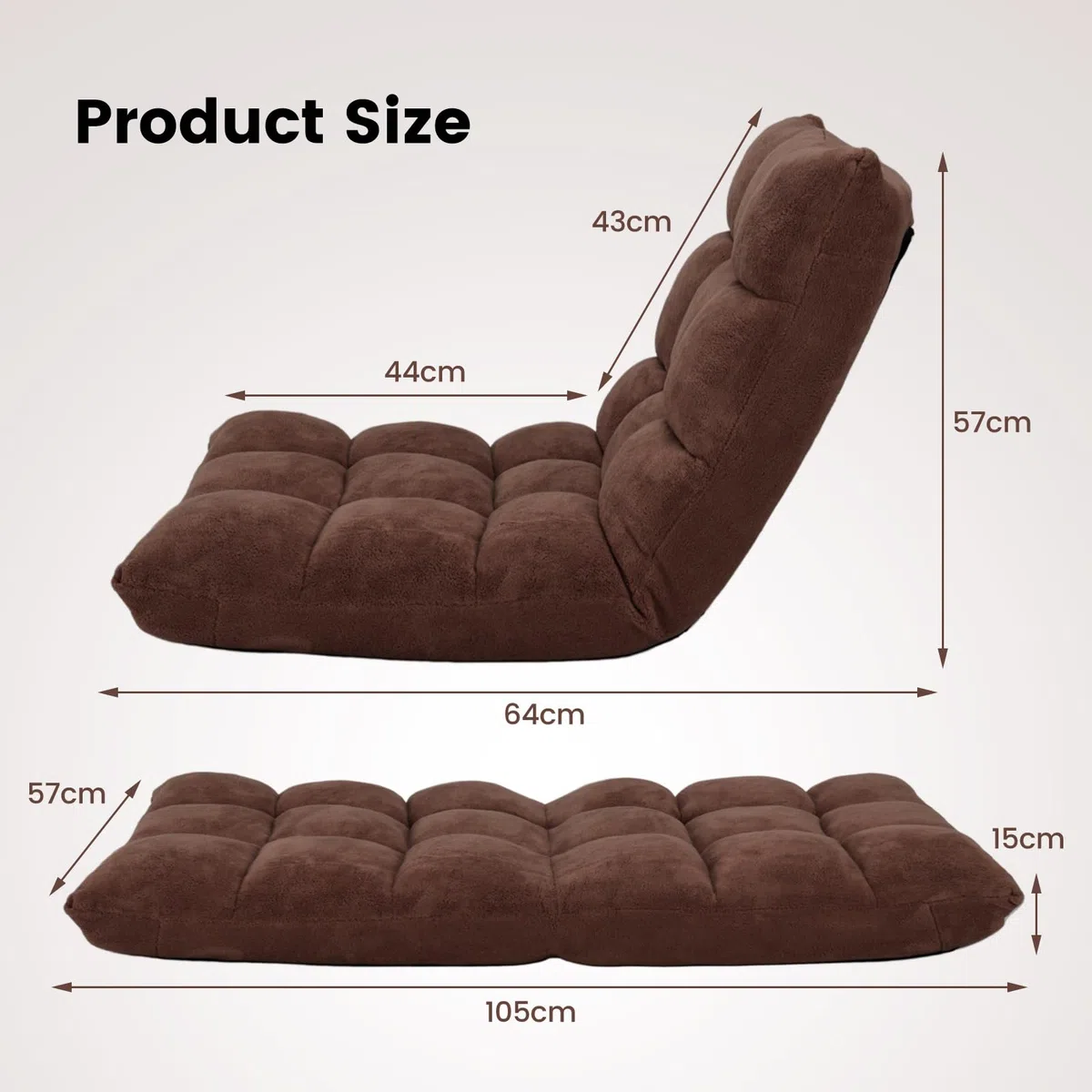 HOMASIS Silla de Suelo con Respaldo Ajustable en 14 ángulos, Silla Plegable de Pana, sillón tapizado para Leer, meditar, cojín de Suelo, 15 cm de Grosor (Café)