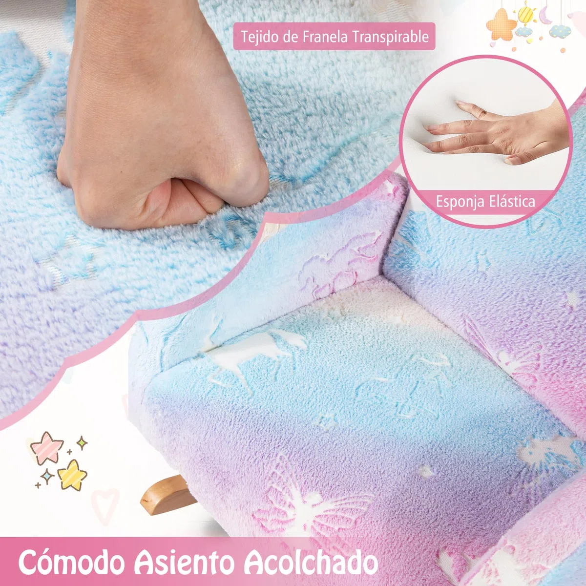 COSTWAY Silla Mecedora para Niños, Mecedora Infantil Acolchada de Franela con Patas de Madera de Álamo, Patrones Que Brillan en la Oscuridad, Respaldo Curvado, Sillón Cómodo para Dormitorio, Salon