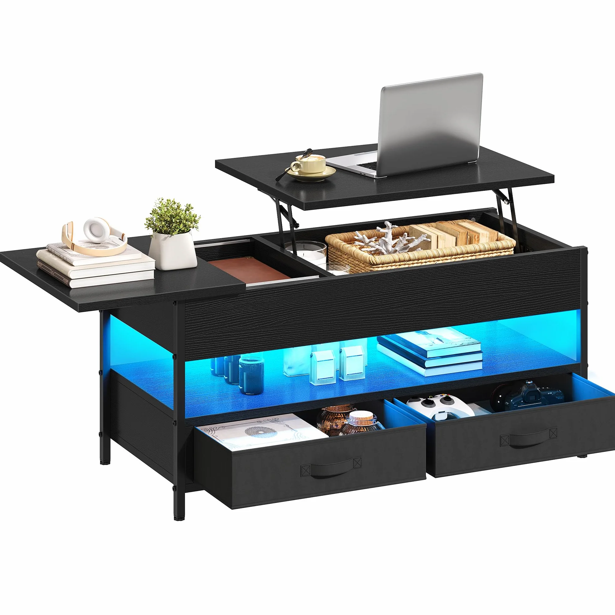 YITAHOME Mesa de Centro Elevable, Mesita de Salón de Madera con Estante de Almacenamiento, Mesa Cafe con 2 Cajón y Tira de luz LED de 16 Colores, Negro, 106 x 50 x 51,5 cm