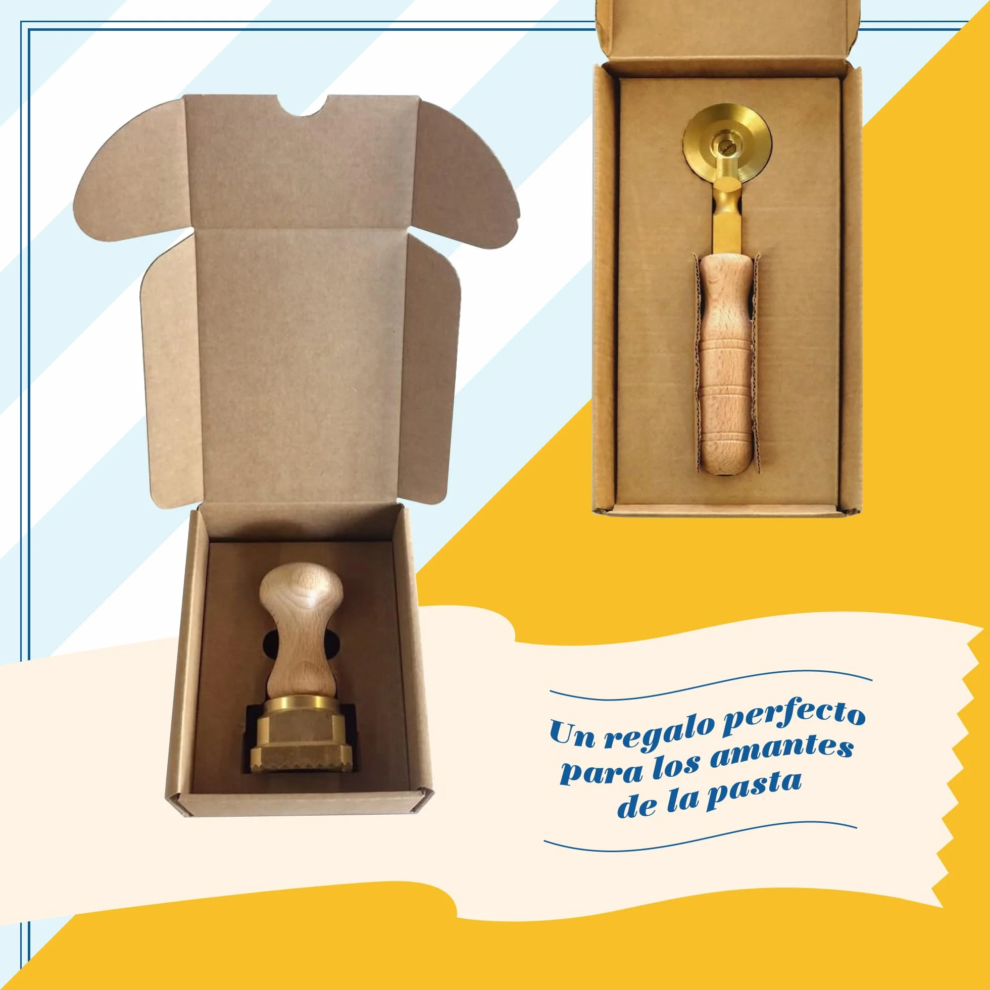 La Gondola Cortador de Rueda Ajustable (2 Lisas) | Utensilios para Pasta Fresca para Casa y Negocio | Cortapastas Fácil de Usar de Latón y Madera Natural | Cortador de Raviolis