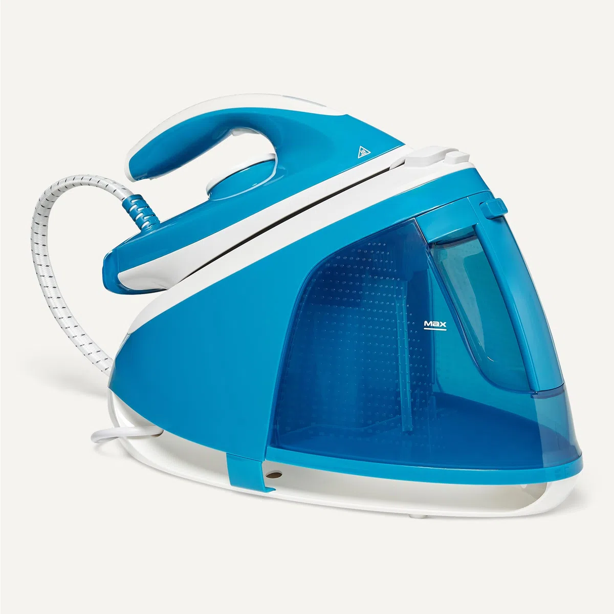 Amazon Basics Plancha con Generador de Vapor con Bomba de 6 Bares, Impulso de Vapor de 240g/min, Salida de Vapor de 120g/min, Depósito de 1,8 litros, 2400W, Blanca/Azul
