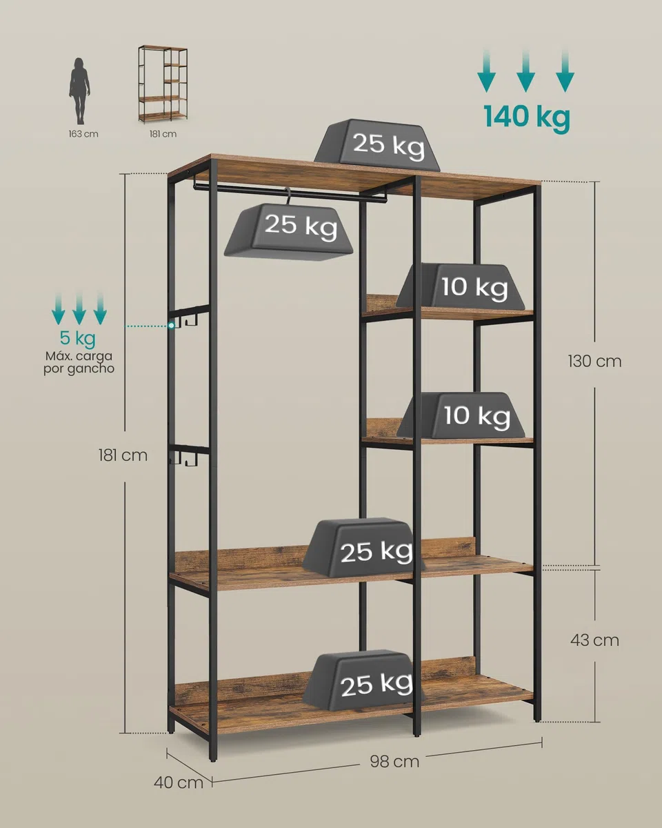 SONGMICS Guardaroba, Stand Appendiabiti, Armadio Aperto con Aste per Appendere, Ripiani Portaoggetti, Ganci Rimovibili, 98 x 40 x 181 cm, Marrone Vintage RGR024B01