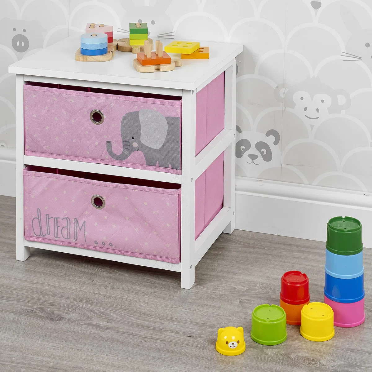 Mesita de noche de madera MDF con 2 cajones para niños, niñas y niños, mueble de dormitorio (elefante rosa)