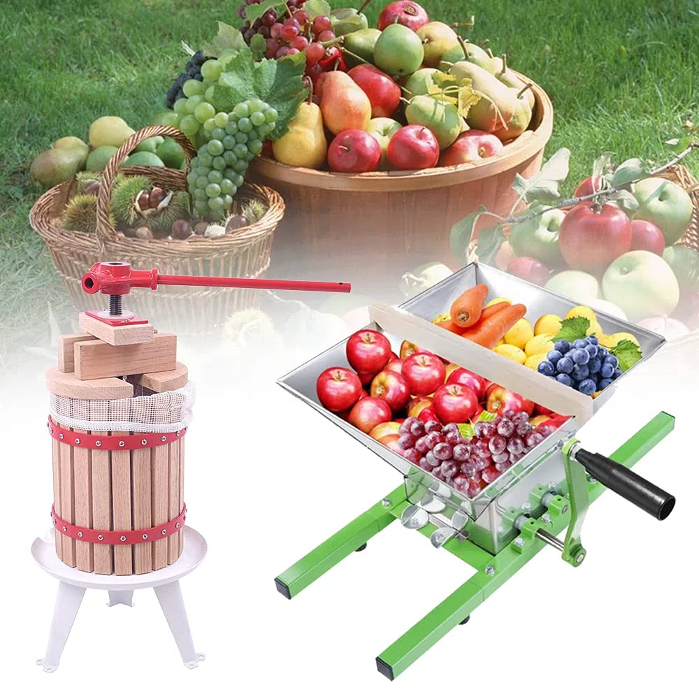 XMTECH Exprimidor mecánico de frutas de 6 litros con paño de prensa + 7 l molinillo de frutas, triturador de uvas, exprimidor de manzanas con manivela
