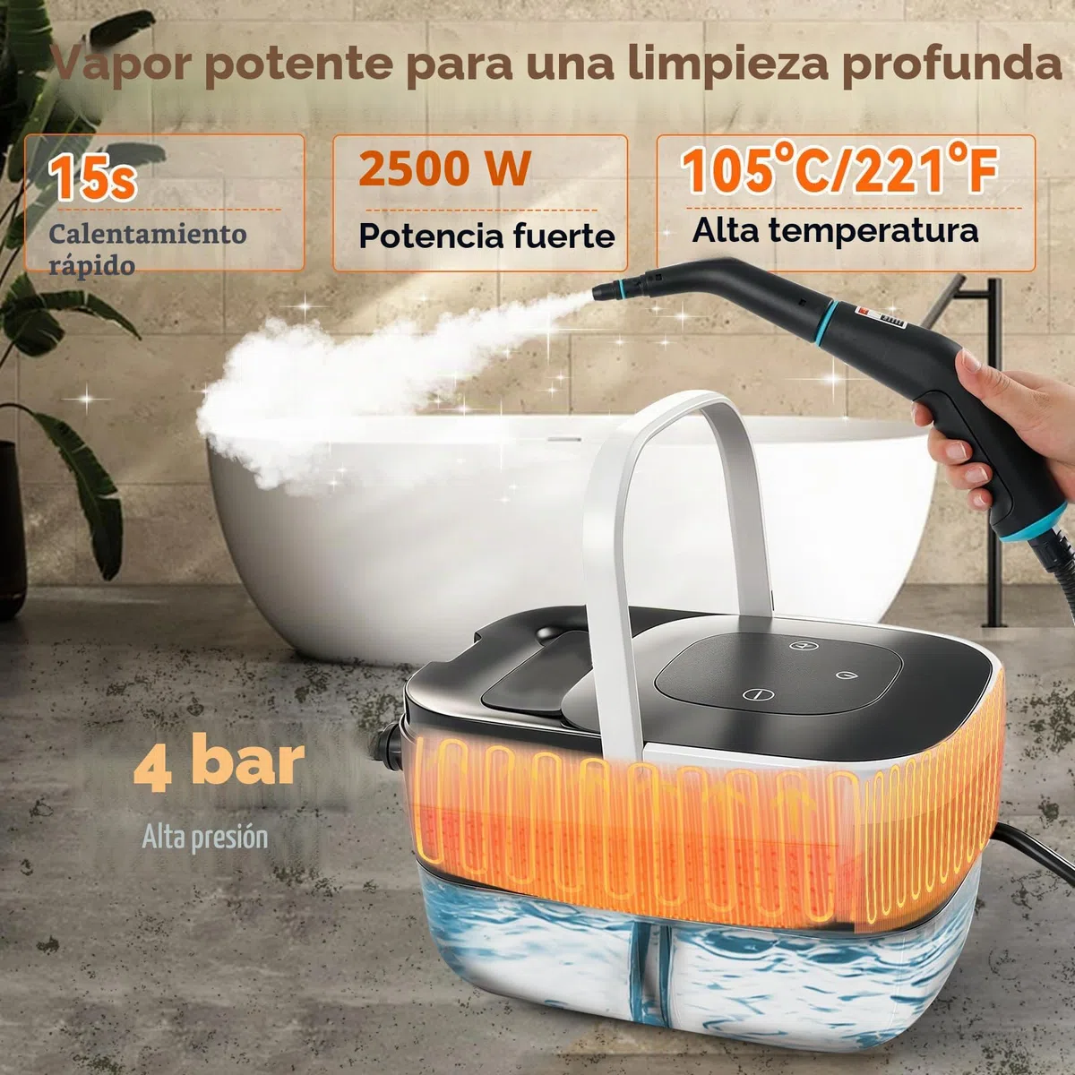 Limpiador de vapor de alta presión, 2500 W, 4 bares, 1250 ml, depósito de 6 niveles, limpiador a presión de alta temperatura, para coche, ventana, cocina, suelo, muebles