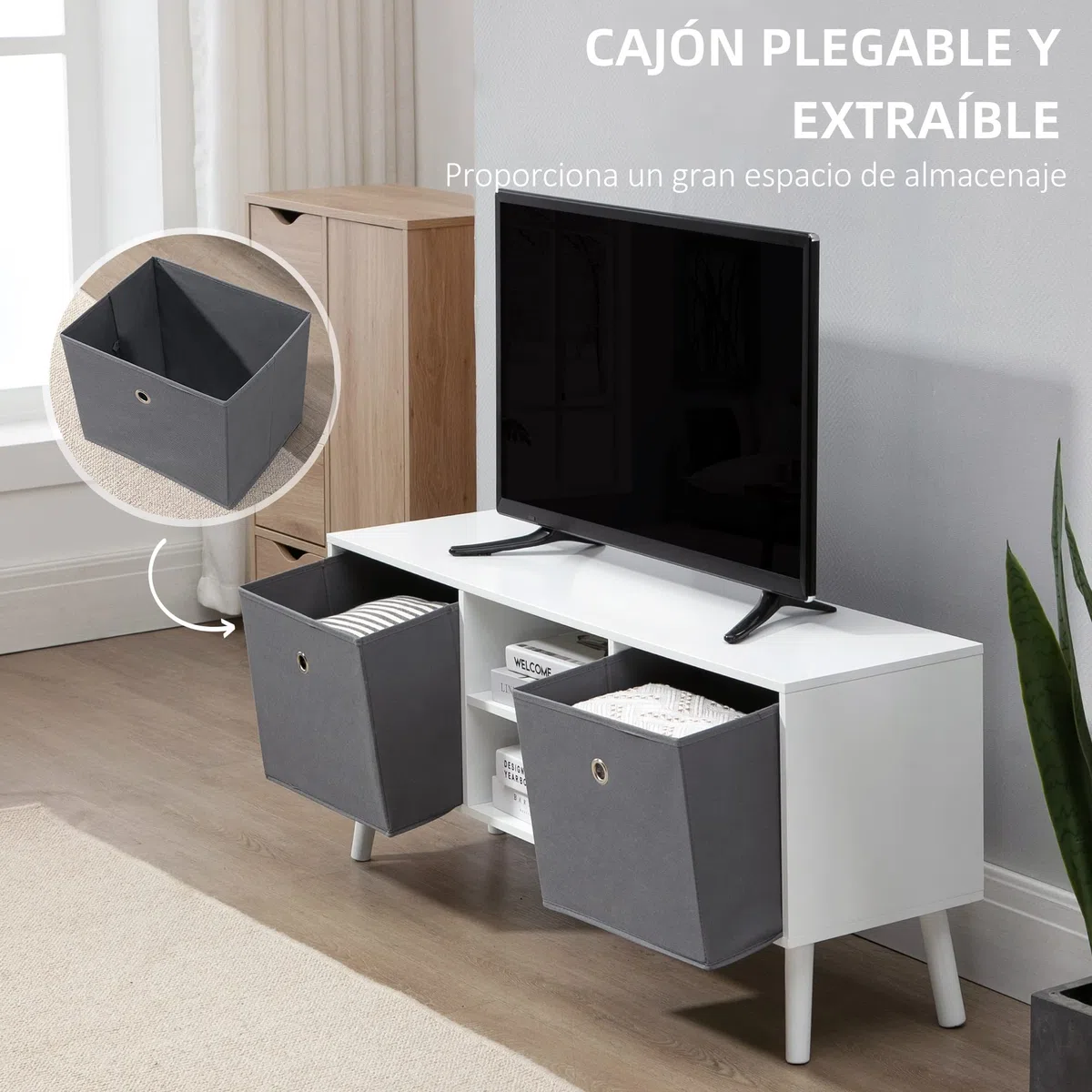 HOMCOM Mueble de TV, Mesa de TV con 2 Cajones de Tela, 2 Estantes Abiertos, Orificios para Cables, para Televisores hasta 50 Pulgadas, Largo de 110 cm, para Salón, Dormitorio, Blanco y Gris
