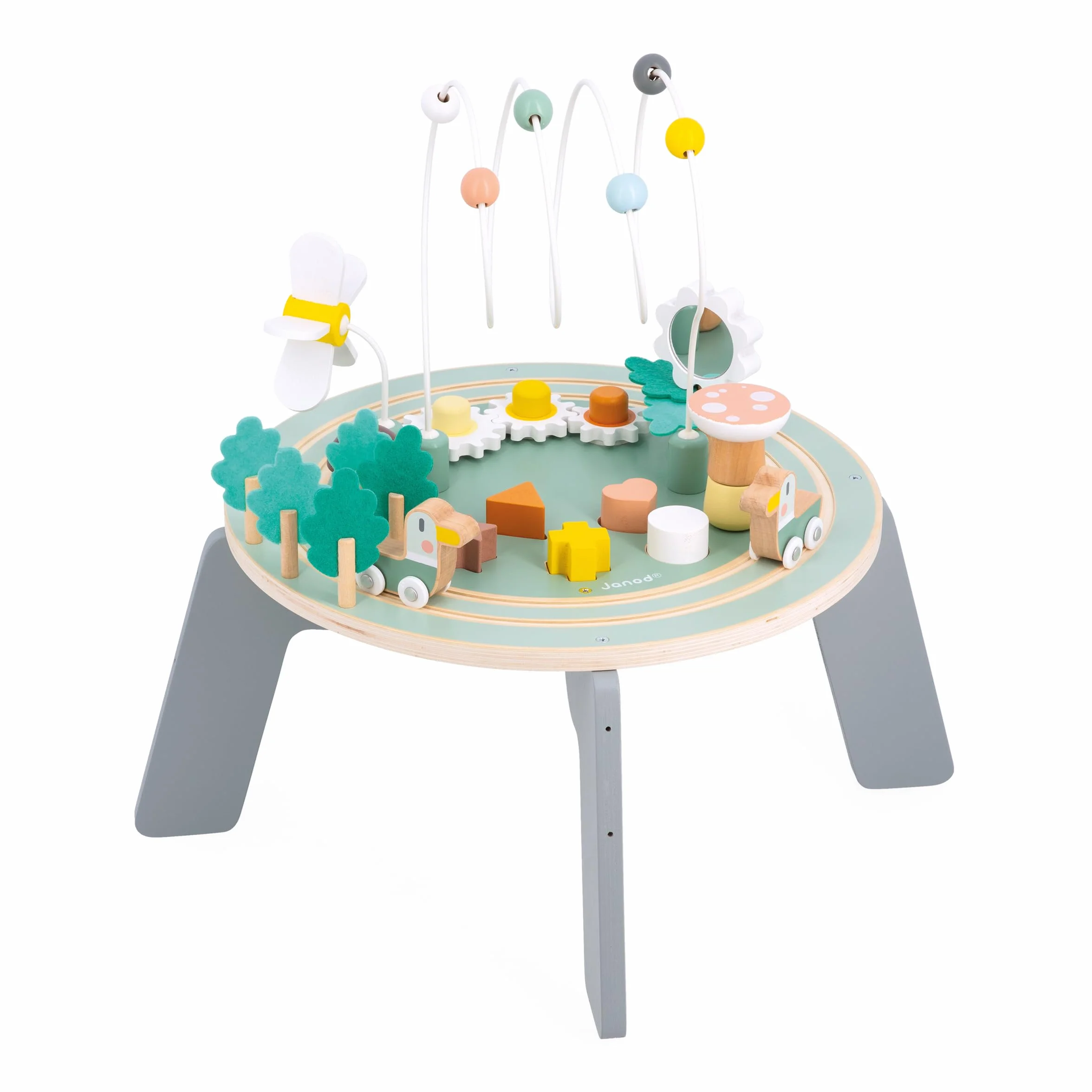 Janod - Mesa de Actividades de Madera Sweet Cocoon - 9 Actividades Infantiles - Juguete de Estímulo - Ejercita Motricidad Fina - Mesa de Madera FSC - Tema Jardín - A Partir de 12 Meses, J04045