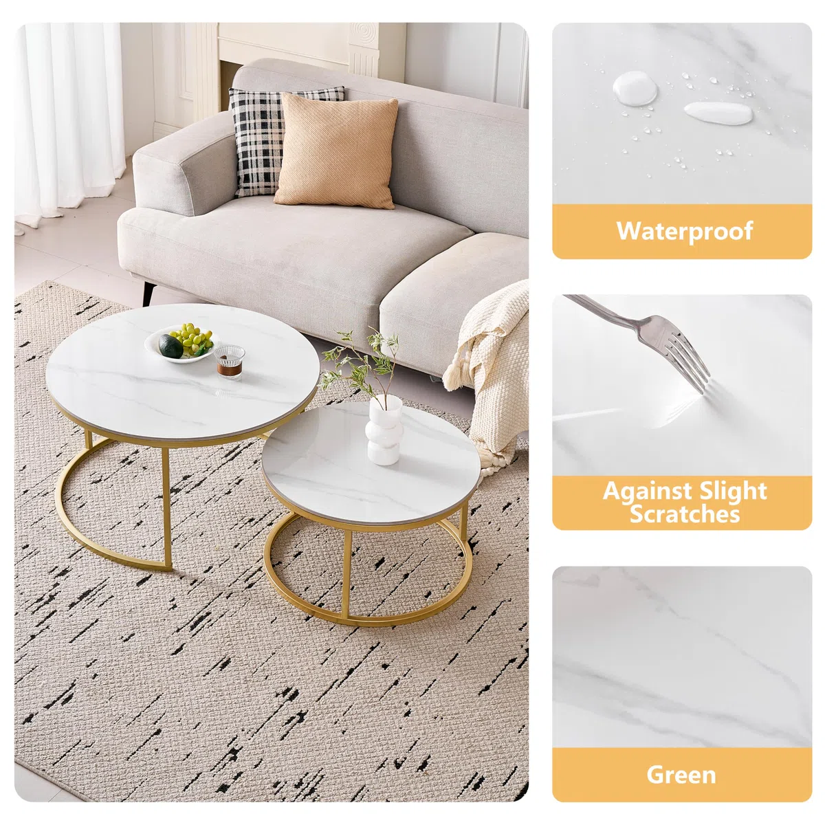 Juego de 2 Mesas de Centro Nido de Mármol con Tablero de Mármol Blanco y Estructura de Metal Dorado. Mesa Auxiliar Redonda Moderna para Salón - 70 x 70 x 45 cm