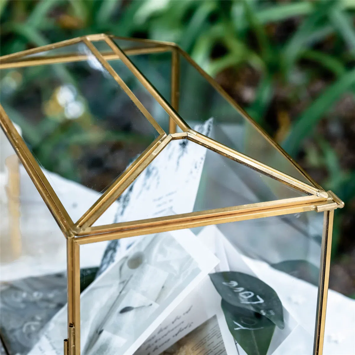 NCYP 26cm Oro Caja de tarjetas de boda con ranura y cerradura, geométrico hecho a mano para recepción de boda, centro de recuerdos (solo caja de vidrio y cerradura)