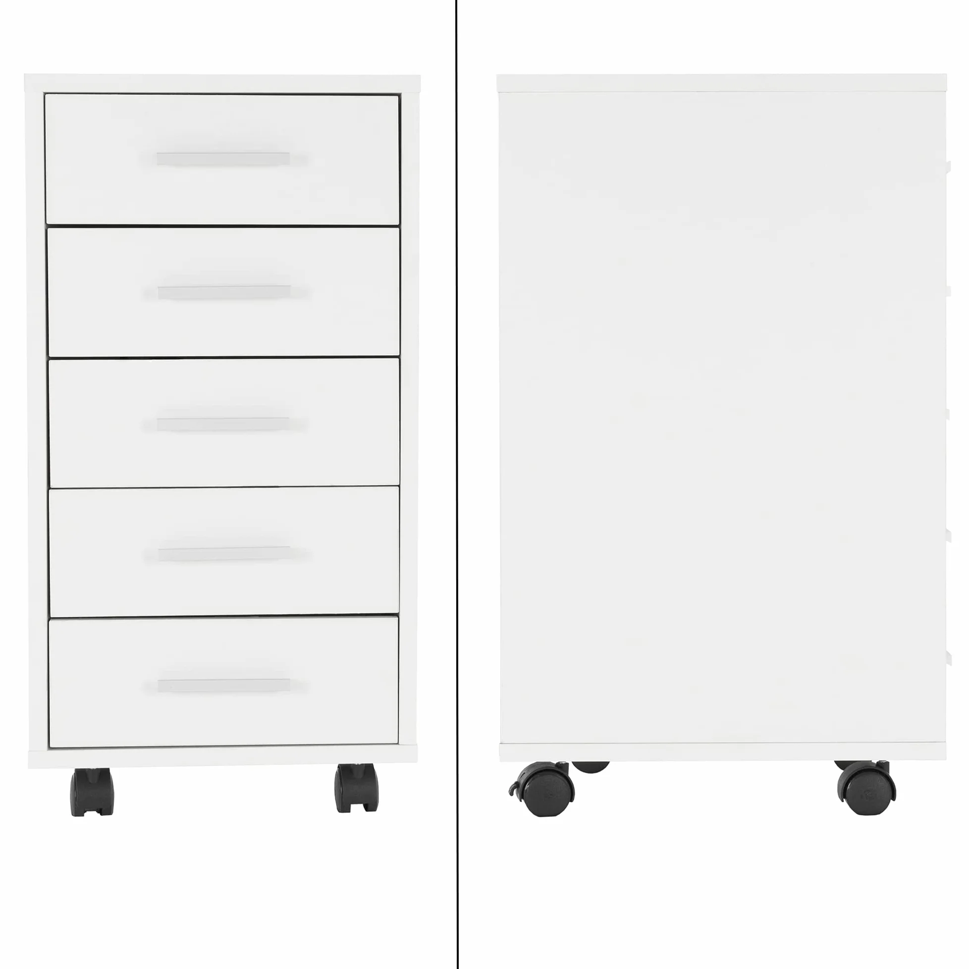 ML-Design Archivador Móvil para Oficina 33 x 38 x 63,5 cm Blanco, Cajonera de Escritorio con 5 Cajones Revestida de Melamina y Asas de Aluminio Mueble de Despacho Armario para Almacenamiento