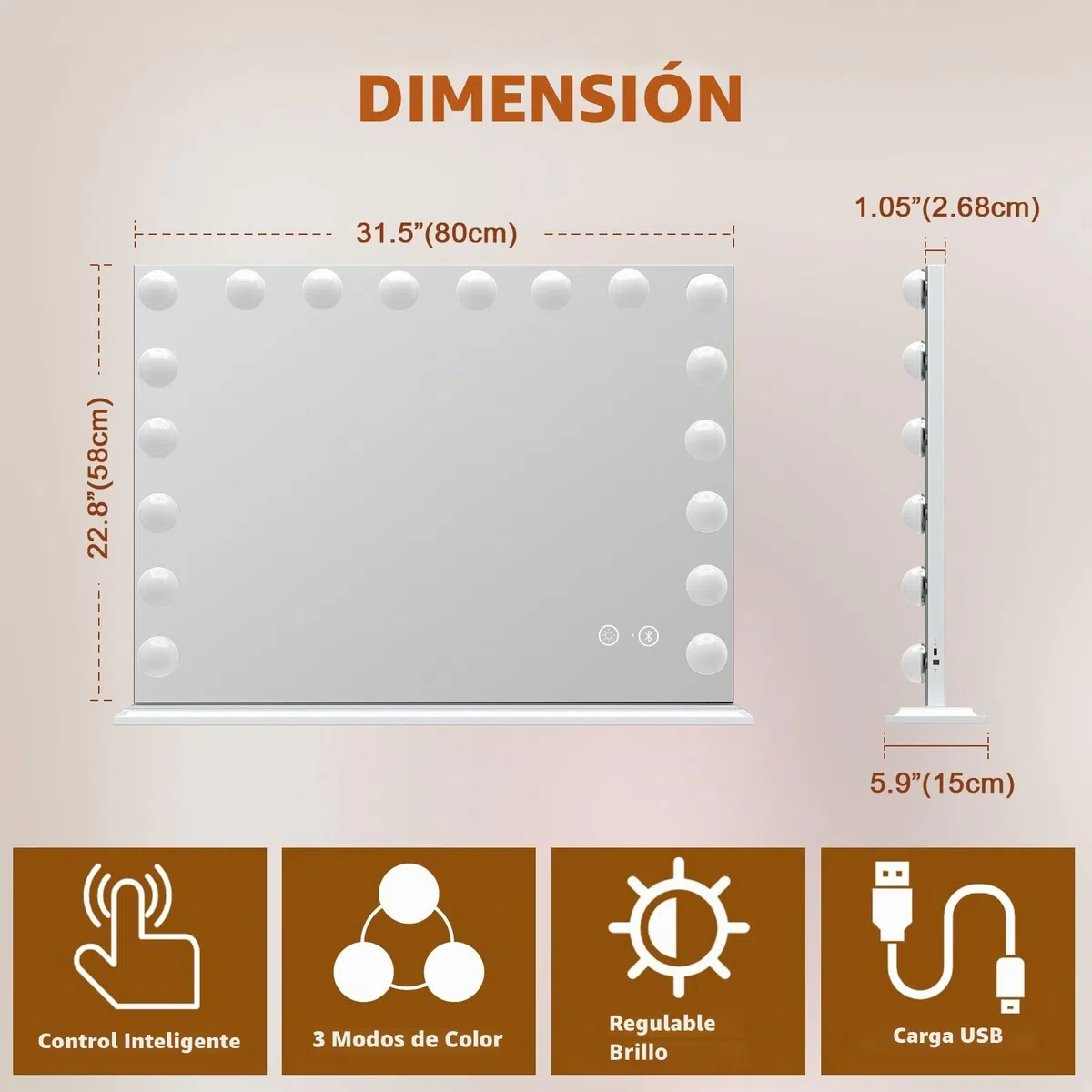 FENCHILIN Espejo Grande de Pared, de Maquillaje con Altavoz. Tocador con 18 Lámparas LED Regulables Puerto de Carga USB. Hollywood con Luz de Mesa 80x58cm