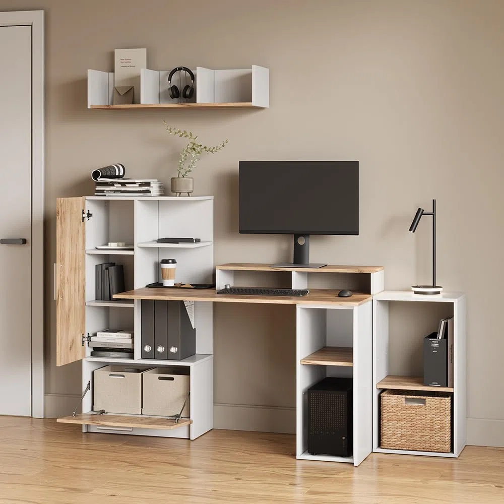 Livinity Armario para PC Lorena, Roble Blanco/Dorado, 28.5 x 72 cm con 2 Compartimentos