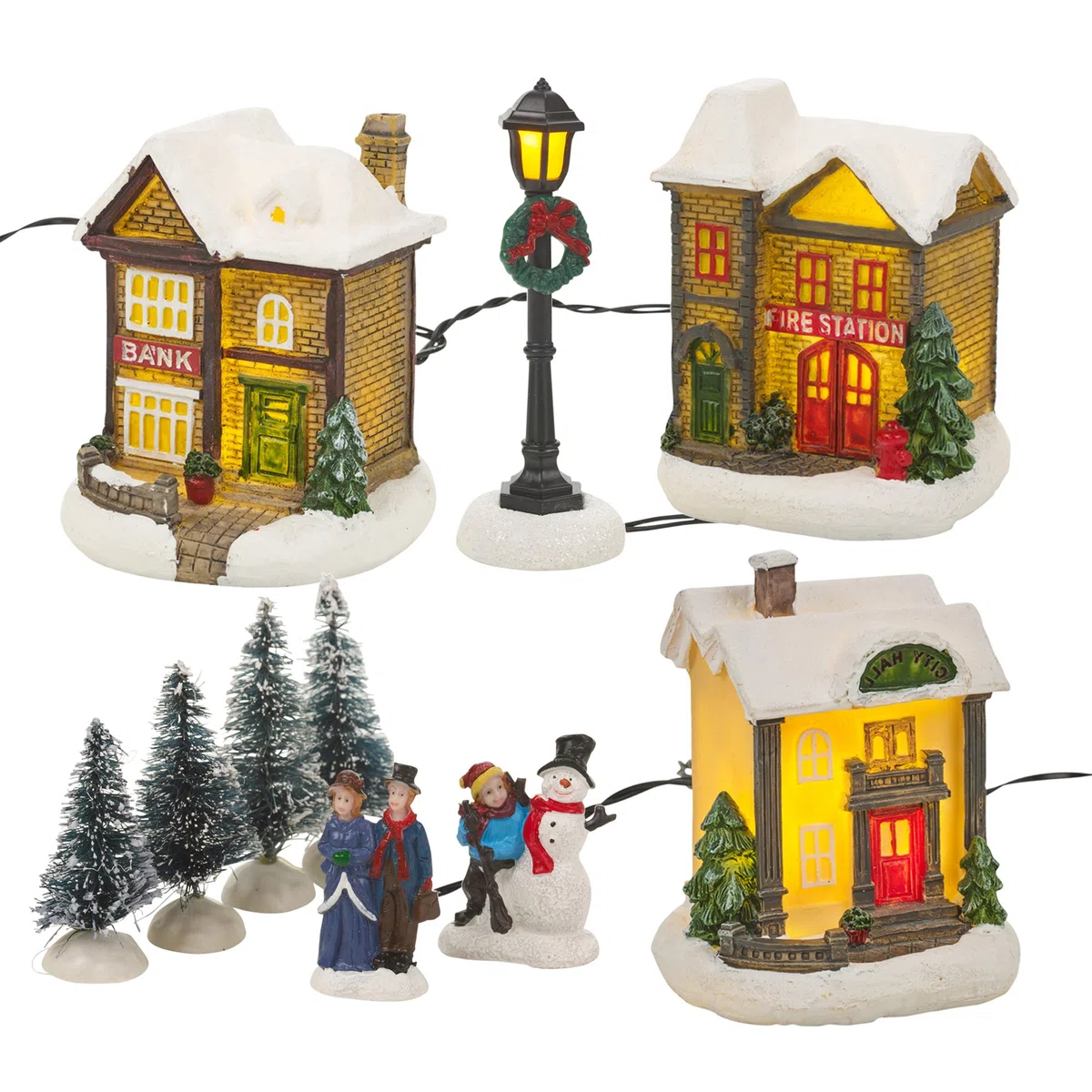 Pueblo en invierno de Navidad con luz led