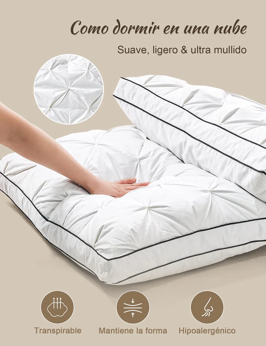 BPC Almohada de plumón 40x80 cm Pack de 2, Almohada 3 Cámaras con 90% Plumón Exterior y Relleno Que Contiene Plumas, Suave con Buen Soporte, Funda 100% algodón orgánico, Lavable