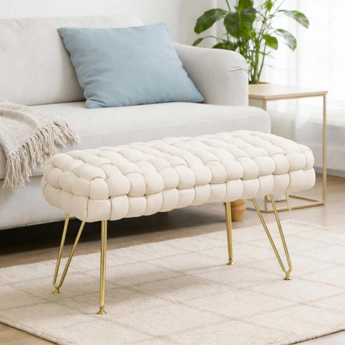 HOMCOM Banco Pie de Cama Tapizado en Terciopelo Banqueta Dormitorio Pie de Cama con Patas Doradas y Asiento Acolchado para Entradas Crema
