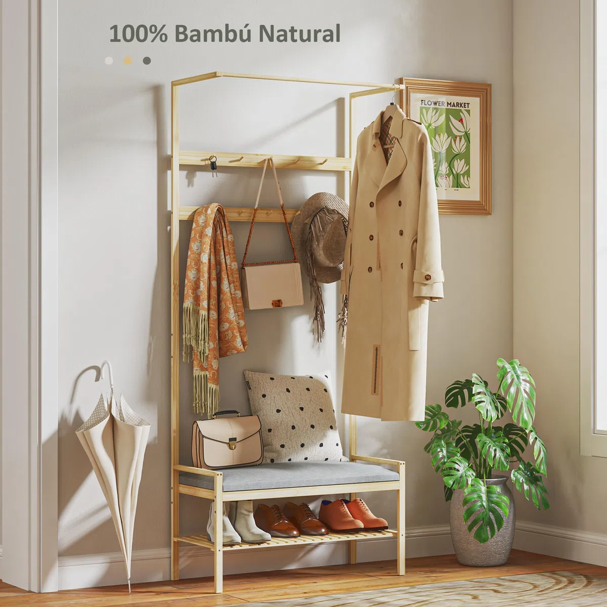 HOMCOM Perchero Zapatero Perchero Entrada Recibidor con 10 Ganchos Banco Zapatero Barra Superior y Compartimento para Pasillo Dormitorio 73,5x34x171 cm Natural