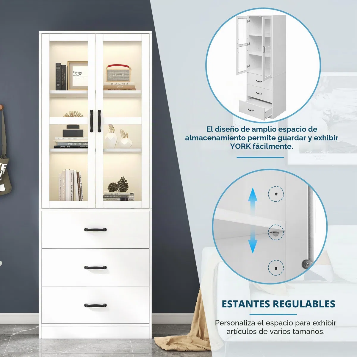 Vitrina blanca, estantería con puertas, armario de cocina grande, armario de despensa, estantería de lujo con luz LED, armario de vitrina con estantes para sala de estar, dormitorio (60 W x 40D x 200
