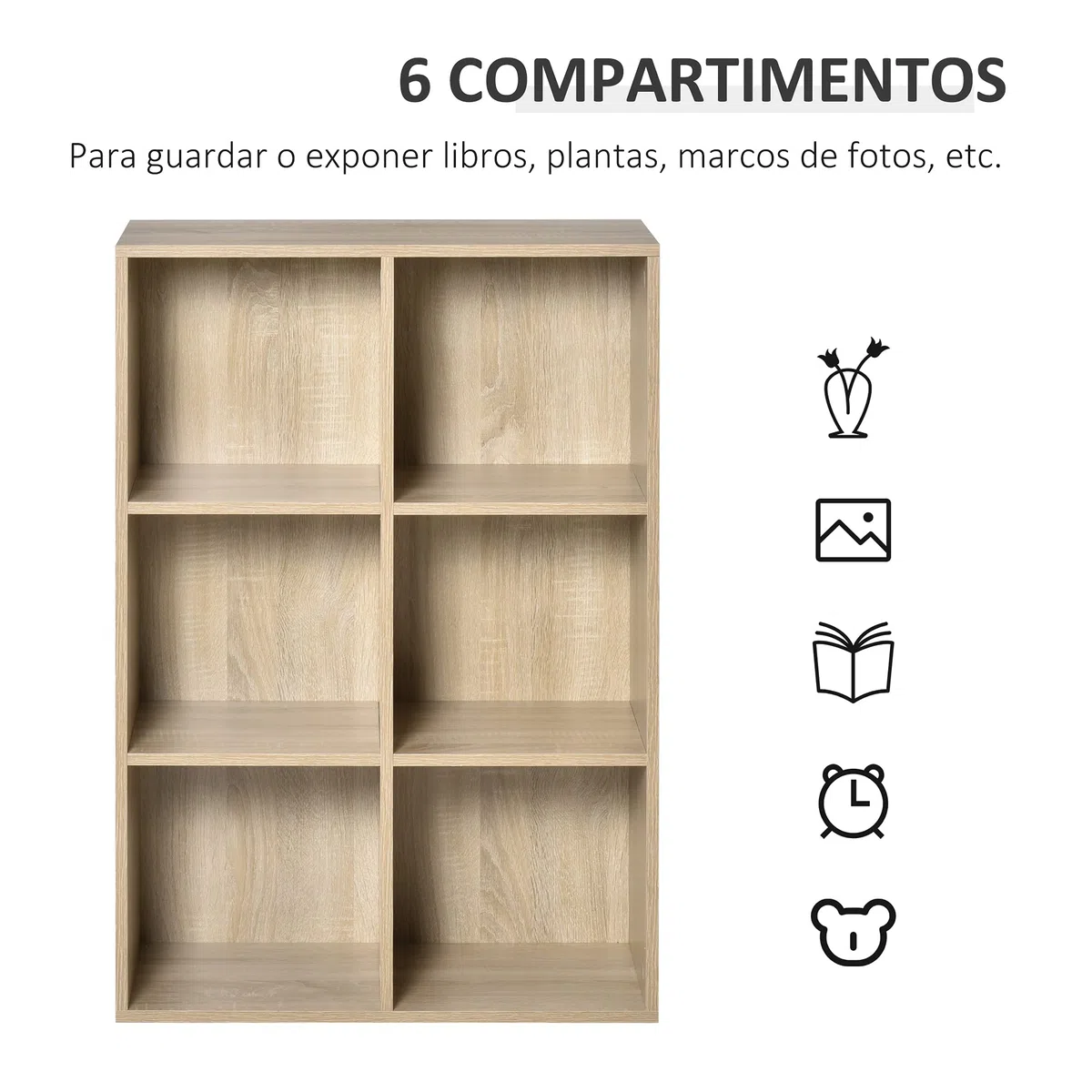 HOMCOM Librería de 3 Niveles, Estantería para Libros con 6 Cubos de Almacenaje, para Sala de Estar, Dormitorio, Estudio, Oficina, 65,5x30x97,5 cm, Roble