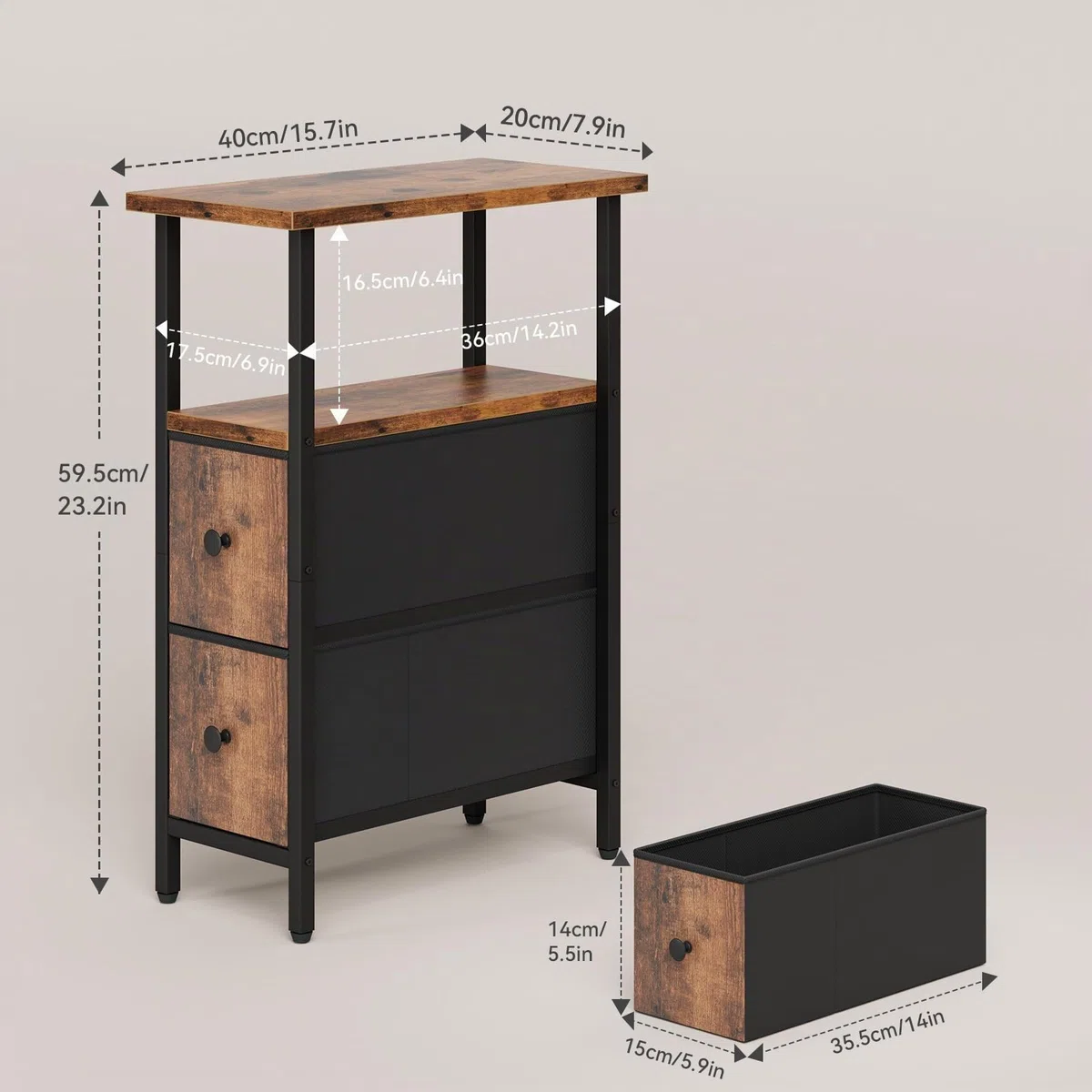 YMYNY Mesa Auxiliar Estrecha Conjunto de 2 Piezas, Mesita de Noche con Dos Cajones Tapizados en Tela, Mesa Auxiliar Sofa Adecuada para Salon dormitorios, Marrón rústico HST019H-2