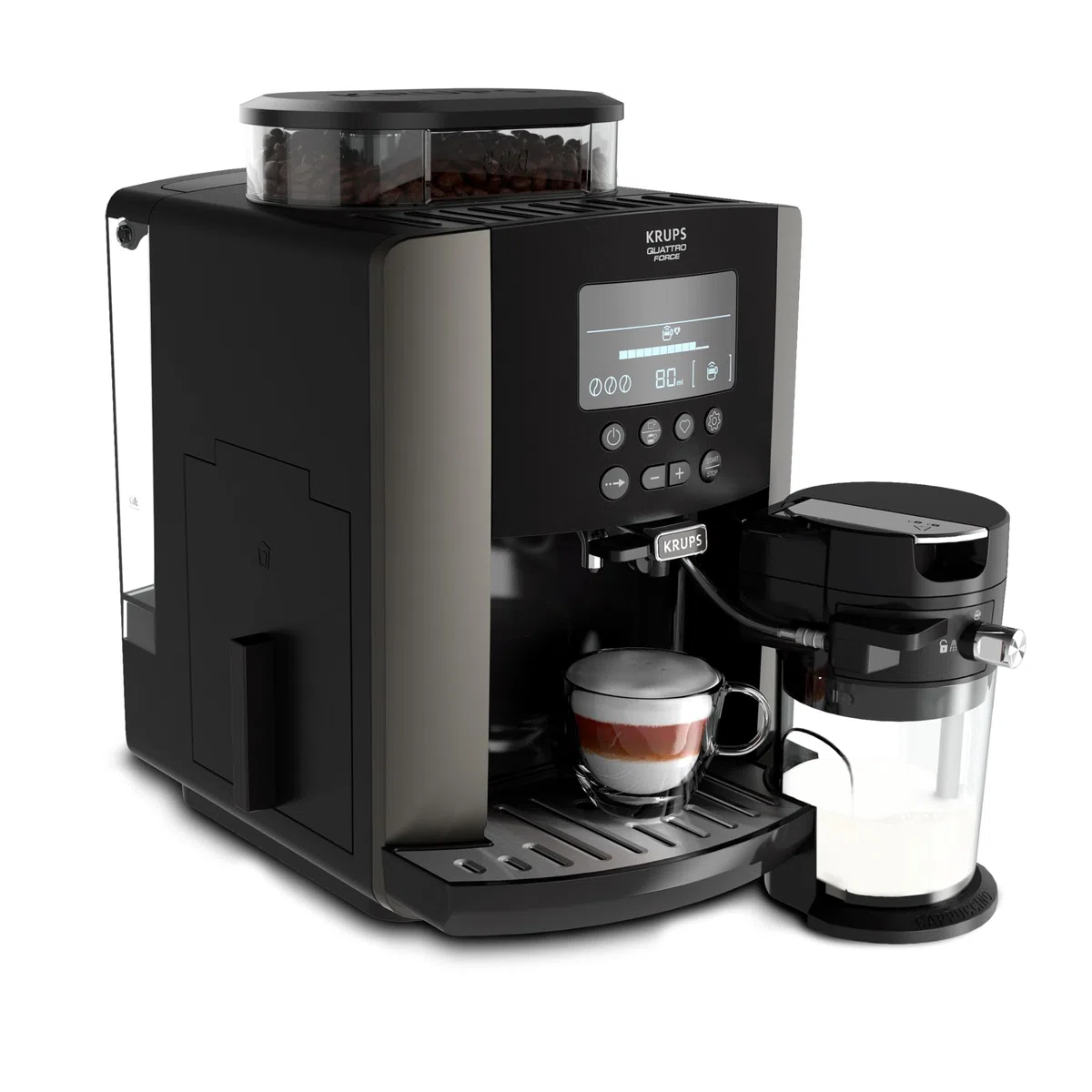 Krups Quattro Force Arabica Latte - Cafetera superautomática 15 bares, pantalla LCD, programas de leche y personalización bebidas, molinillo metálico profesional, modo limpieza, jarra leche