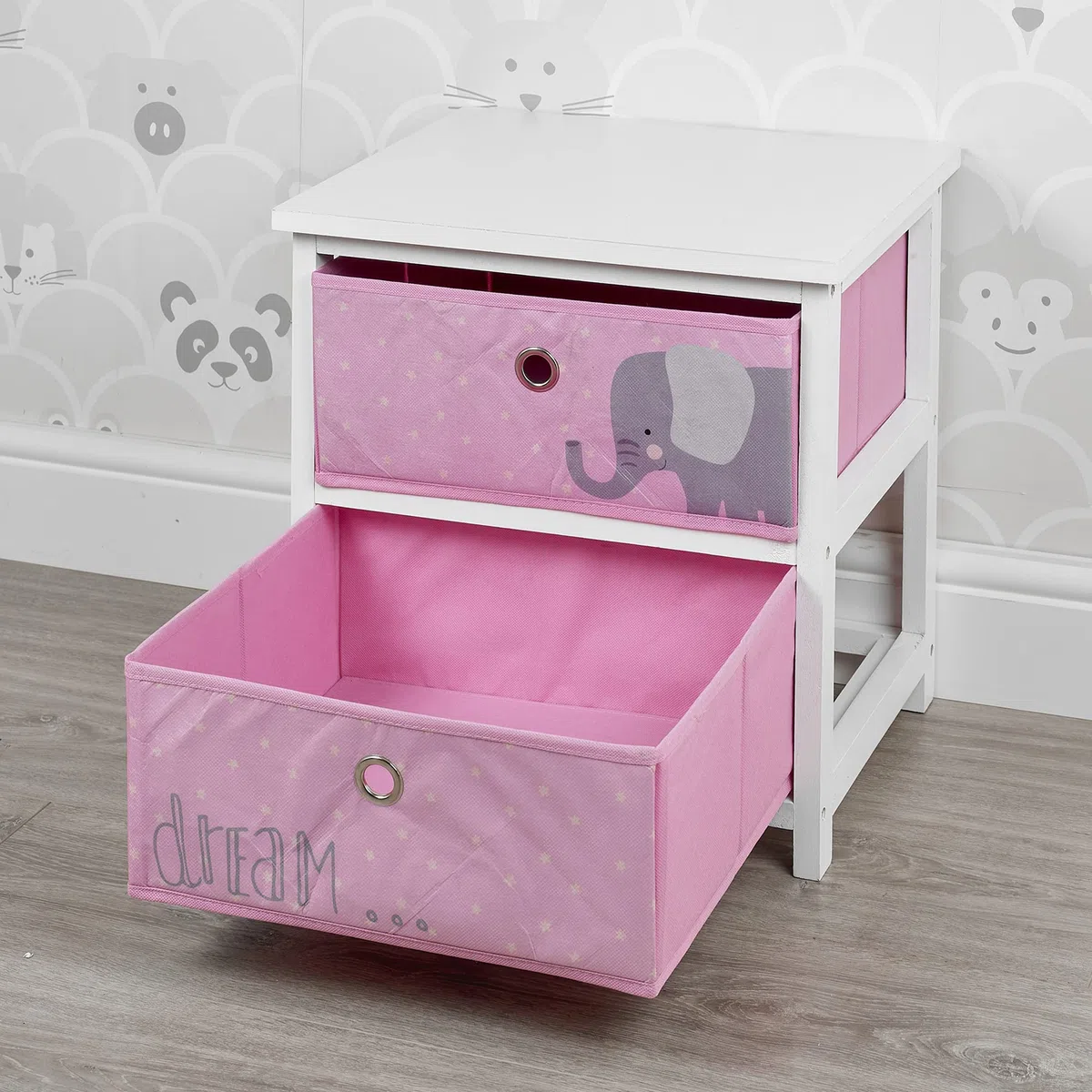 Mesita de noche de madera MDF con 2 cajones para niños, niñas y niños, mueble de dormitorio (elefante rosa)