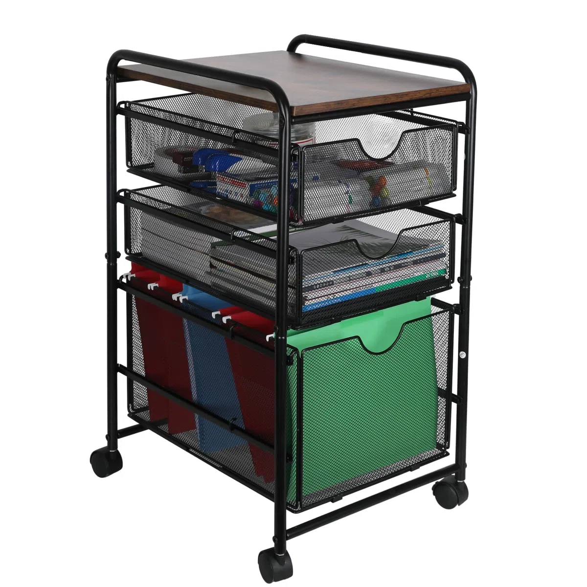 EasyPAG Carrito de archivos rodante con ruedas con 2 cajones de almacenamiento extraíbles y 1 organizador de carpetas colgantes tamaño carta, color negro