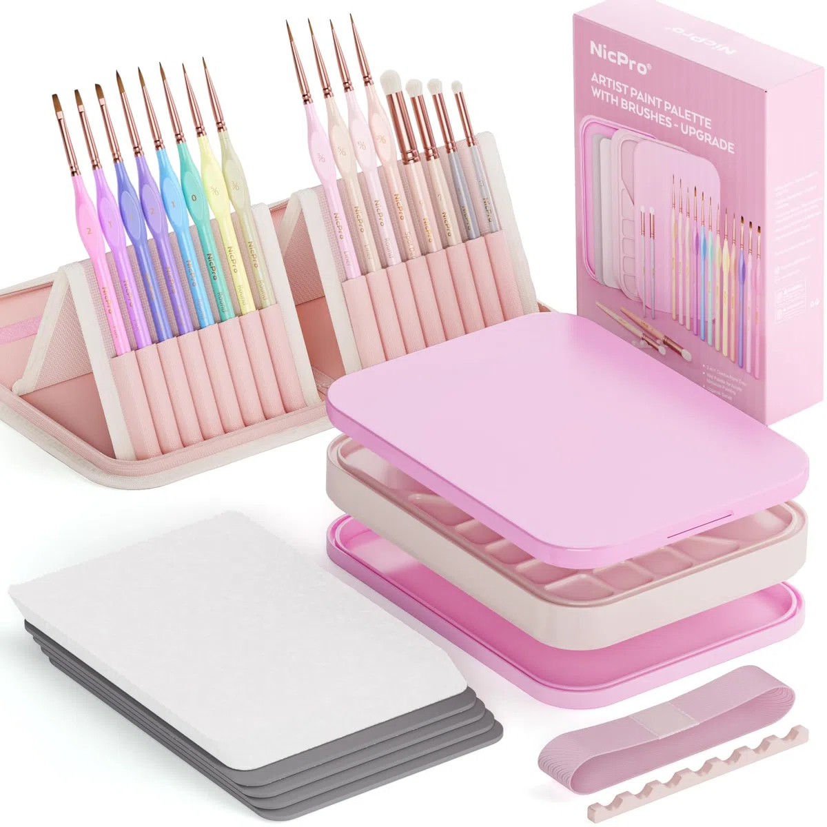 Nicpro Kit de pintura estética en miniatura, paleta húmeda y 16 pinceles de pintura de detalles pastel con bolsa de nailon, 100 piezas de papel de palé, 4 esponjas, paleta de pintura para figuras