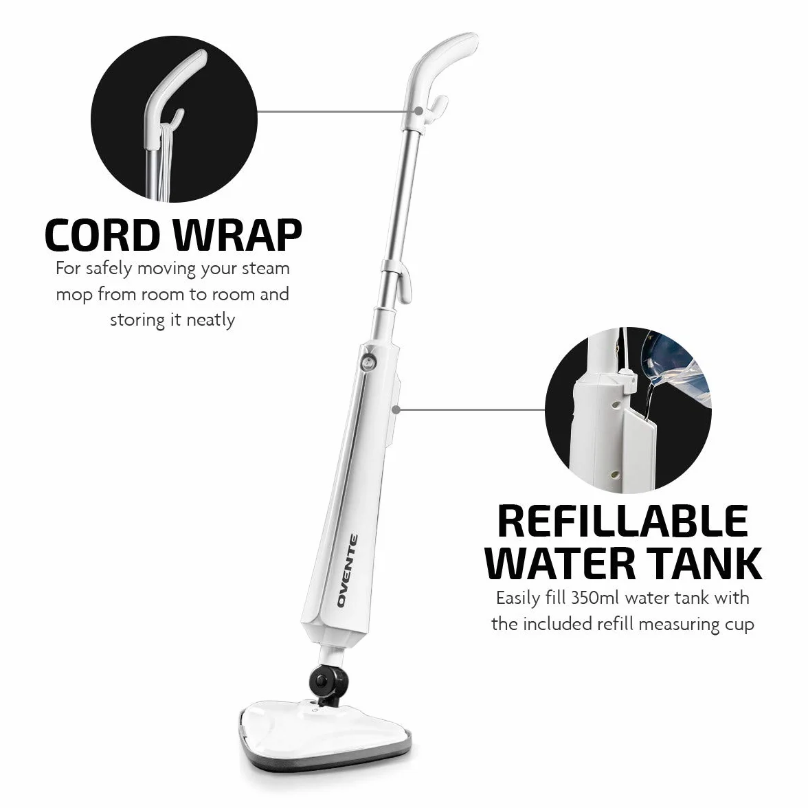 OVENTE Limpiador eléctrico a vapor, vaporizador de 1300 W para limpiar azulejos y suelos de madera dura con cabezal giratorio, tanque de agua recargable y almohadilla de microfibra, ideal para