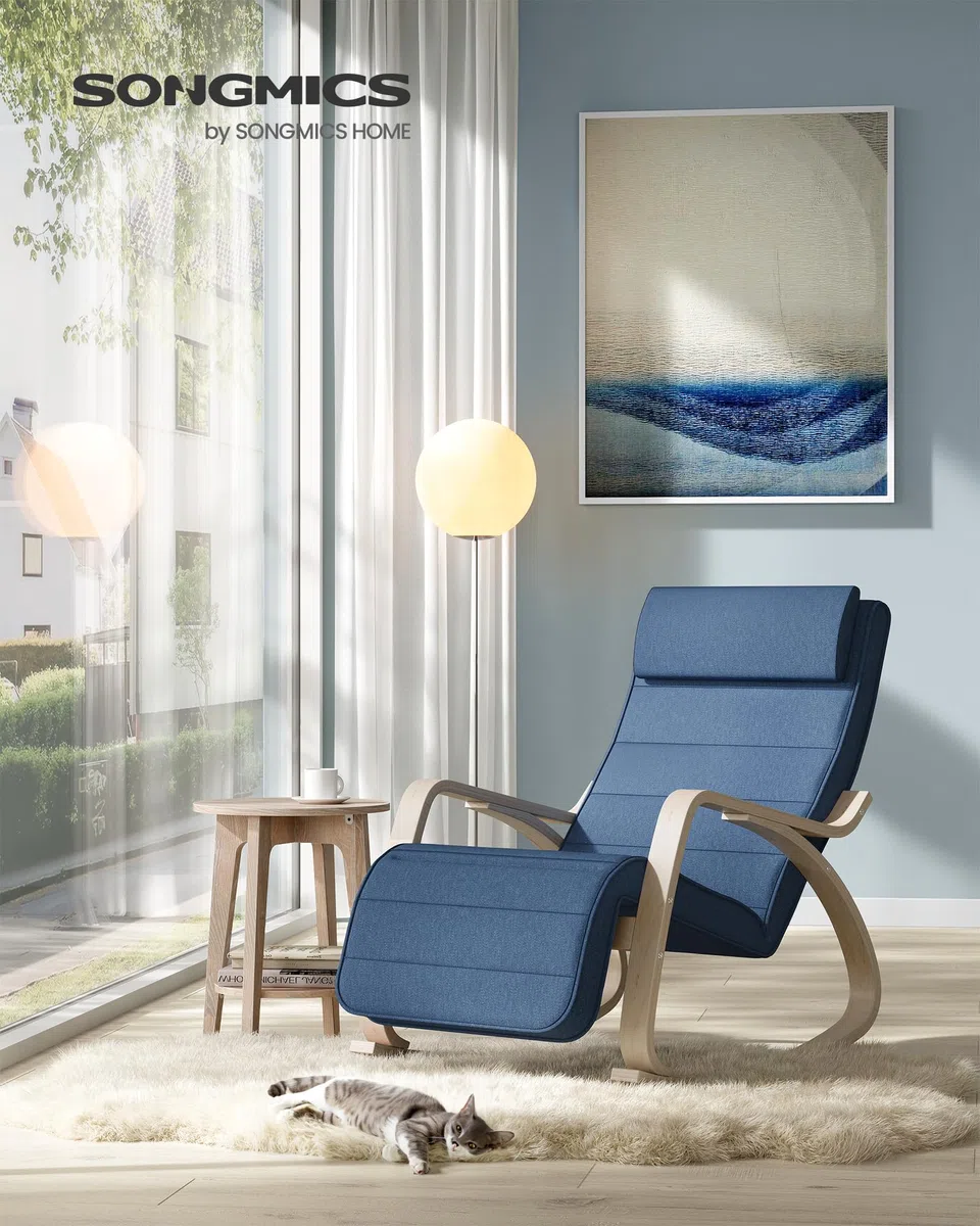 SONGMICS Silla Mecedora, con Apoyabrazos de Madera de Abedul, Silla Mecedora con Reposapiés Ajustable en 5 Posiciones, Máx. Carga de 150 kg, Dormitorio, Salón, Azul Medianoche y Natural LYY010Q01